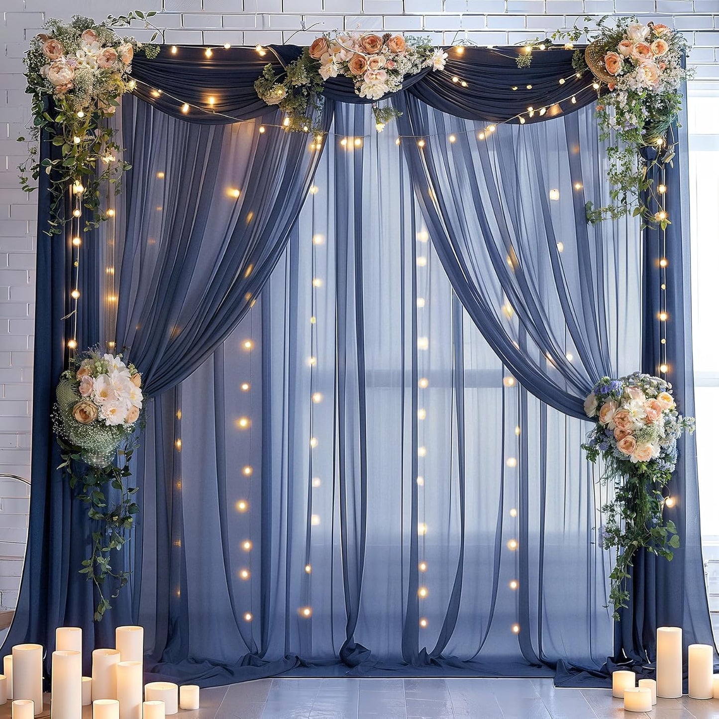 10×10ft Navy Blue Tulle Backdrop Curtain with Lights String for Parties, Sheer Photo Backdrop Curtains for Wedding Party Photography Background