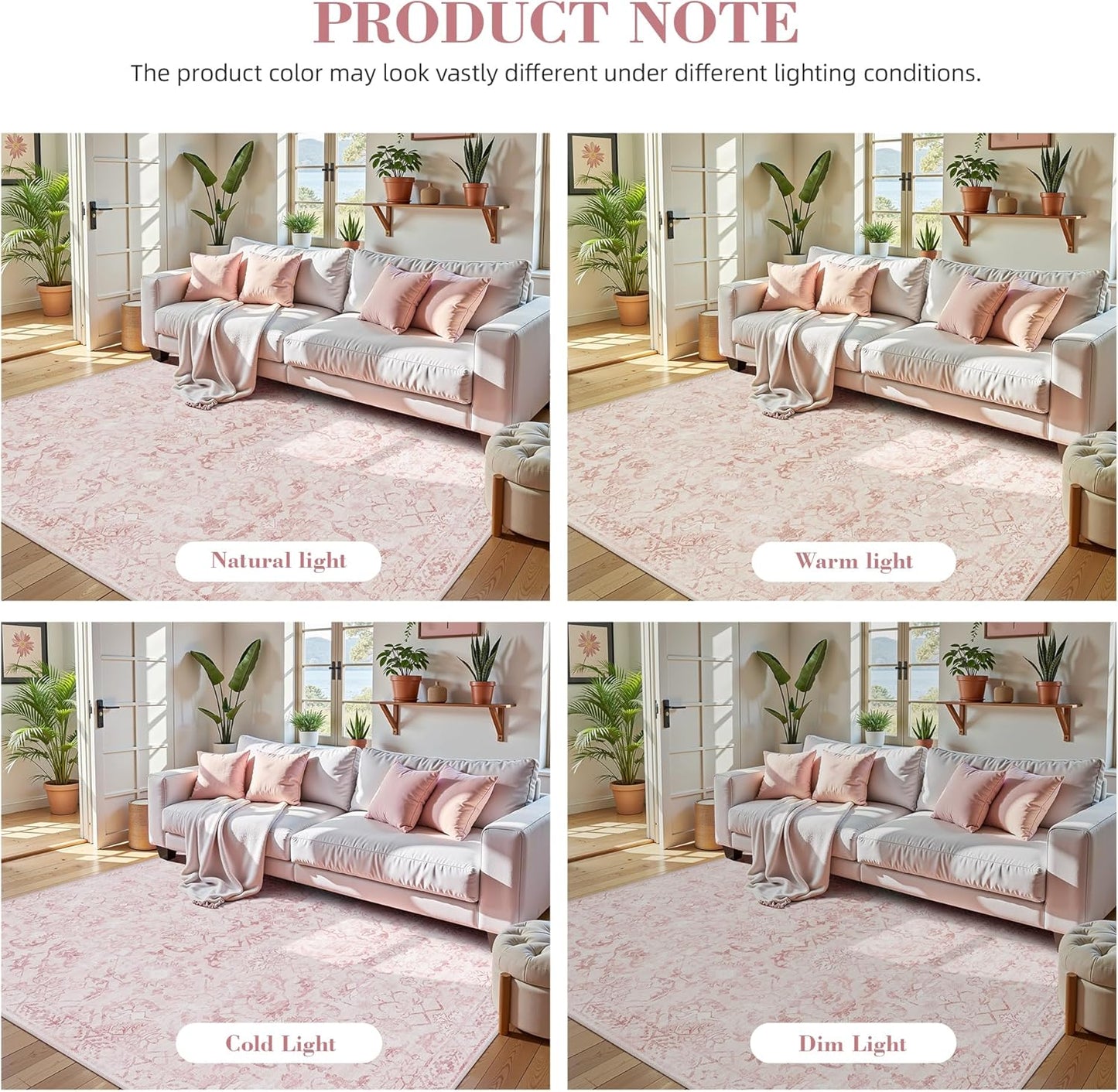 Pink Area Rugs 7x9 for Living Room, Washable Vintage Rugs for Bedroom, Distressed Throw Rug, Non Slip Rug Carpet for Bedroom Dining