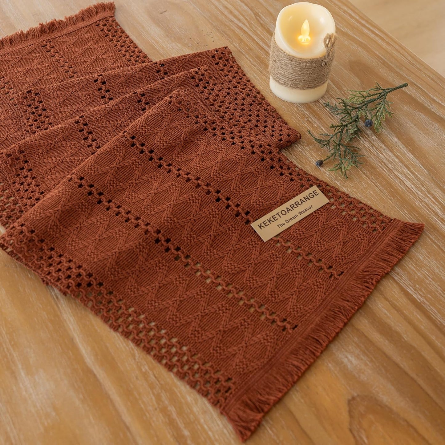 Boho Rust Table Runner for Home Decor 12x48 Inches Farmhouse Macrame Burlap Jute Rustic Dining Kitchen Centerpiece Bohemian Decor French Country Baby Bridal Shower Decorations