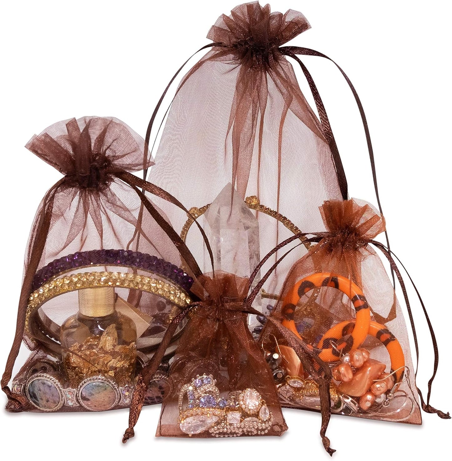 TheDisplayGuys 100-Pack 3x4 Brown Sheer Organza Gift Bags with Drawstring, Jewelry Candy Treat Wedding Party Favors Mesh Pouch