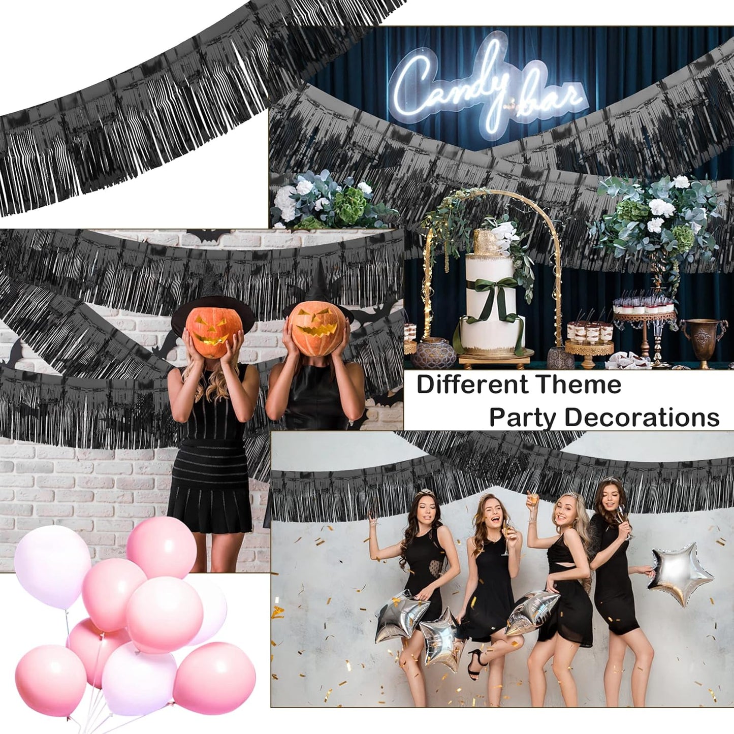 4 Pack Black Float Fringe Curtains, Metallic Foil Fringe Garland Shiny Tassel Foil Parade Float Decorations for Trailer Car Graduation Homecoming Outdoor Indoor Party