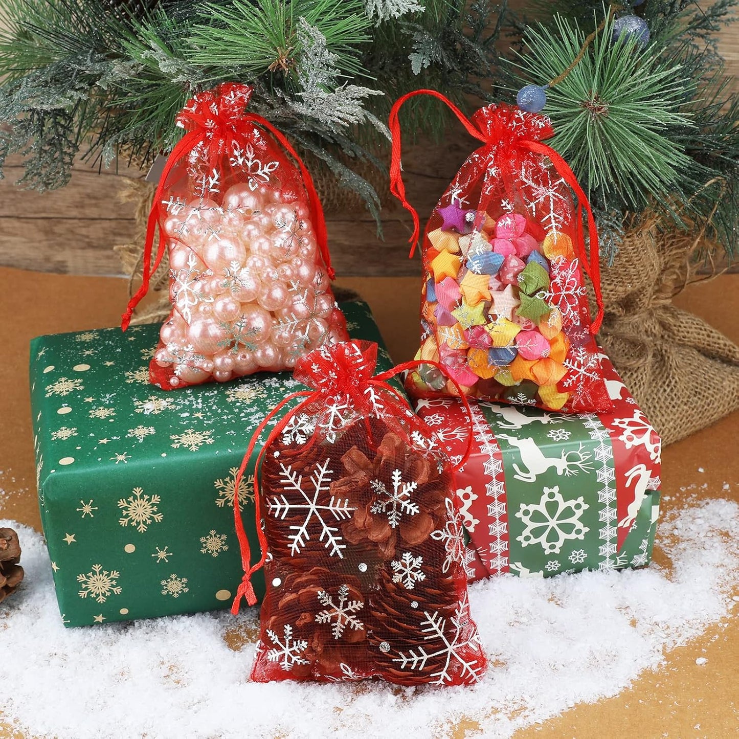jijAcraft 4x6 Inch Christmas Organza Bags - 50Pcs Red Snowflake Gift Bags with Drawstring, Xmas Party Favor Sheer Mesh Pouches for Winter Gift, Candy, Jewelry Bag