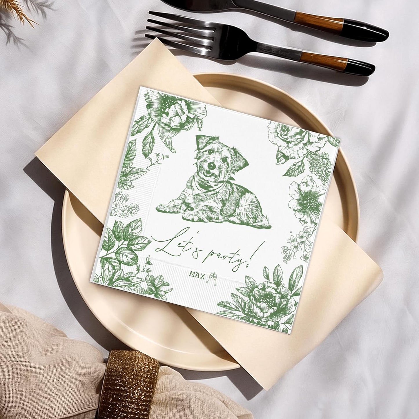 Luxury Personalized Dog Wedding Napkins, Photo Napkins for Dog, Custom Wedding Cocktail Napkin, Blue Floral Cocktail Napkin, Paper for Pet Lovers, Bridal, Engagement Party, Bridal Shower