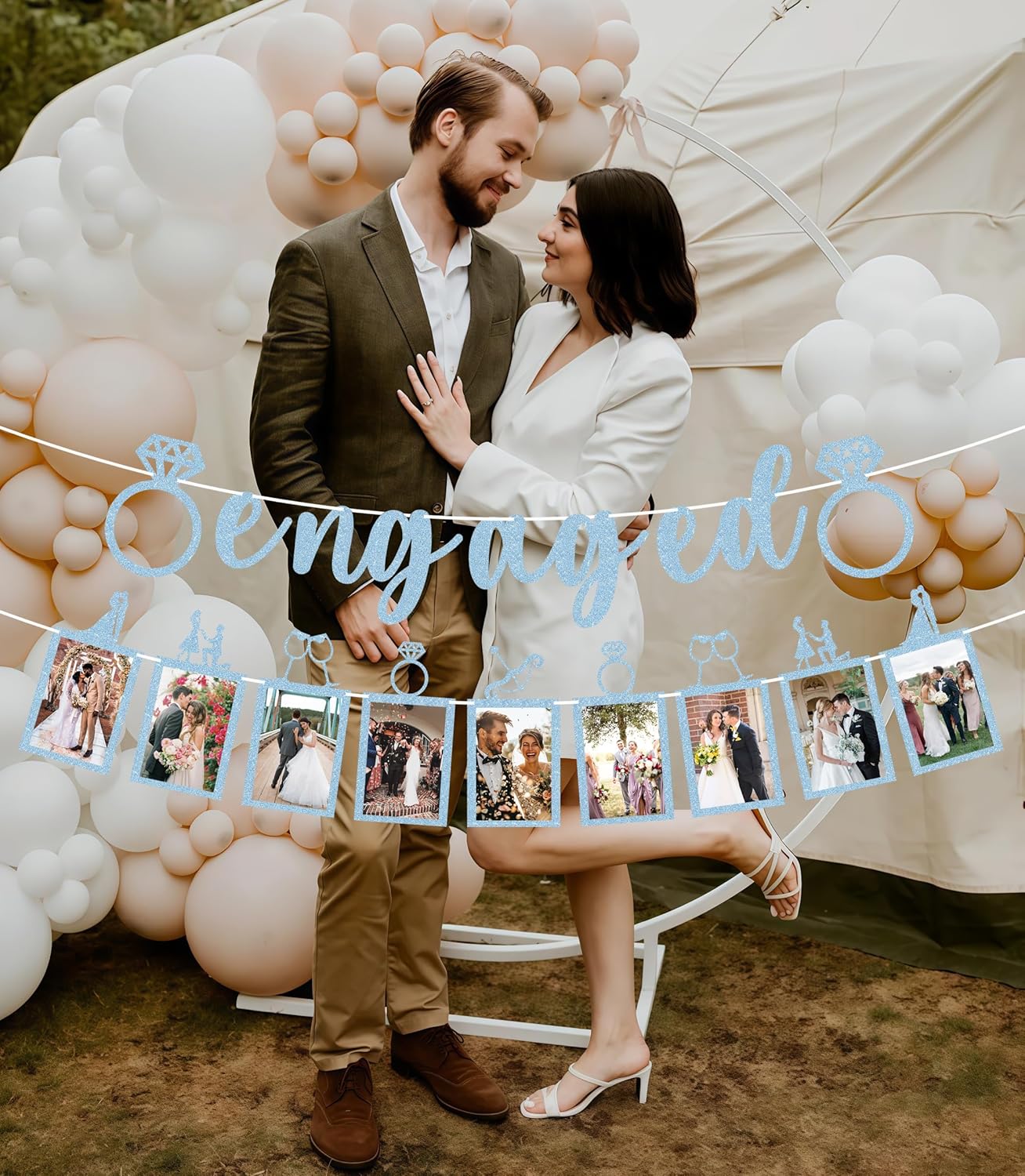 Pre-Strung Engaged Photo Banner - Light Blue Glitter Engagement Party Decoration Supplies with Romantic Memories Picture Card Frames for Bachelorette, Bridal Shower, Wedding Party Photo Booth Props