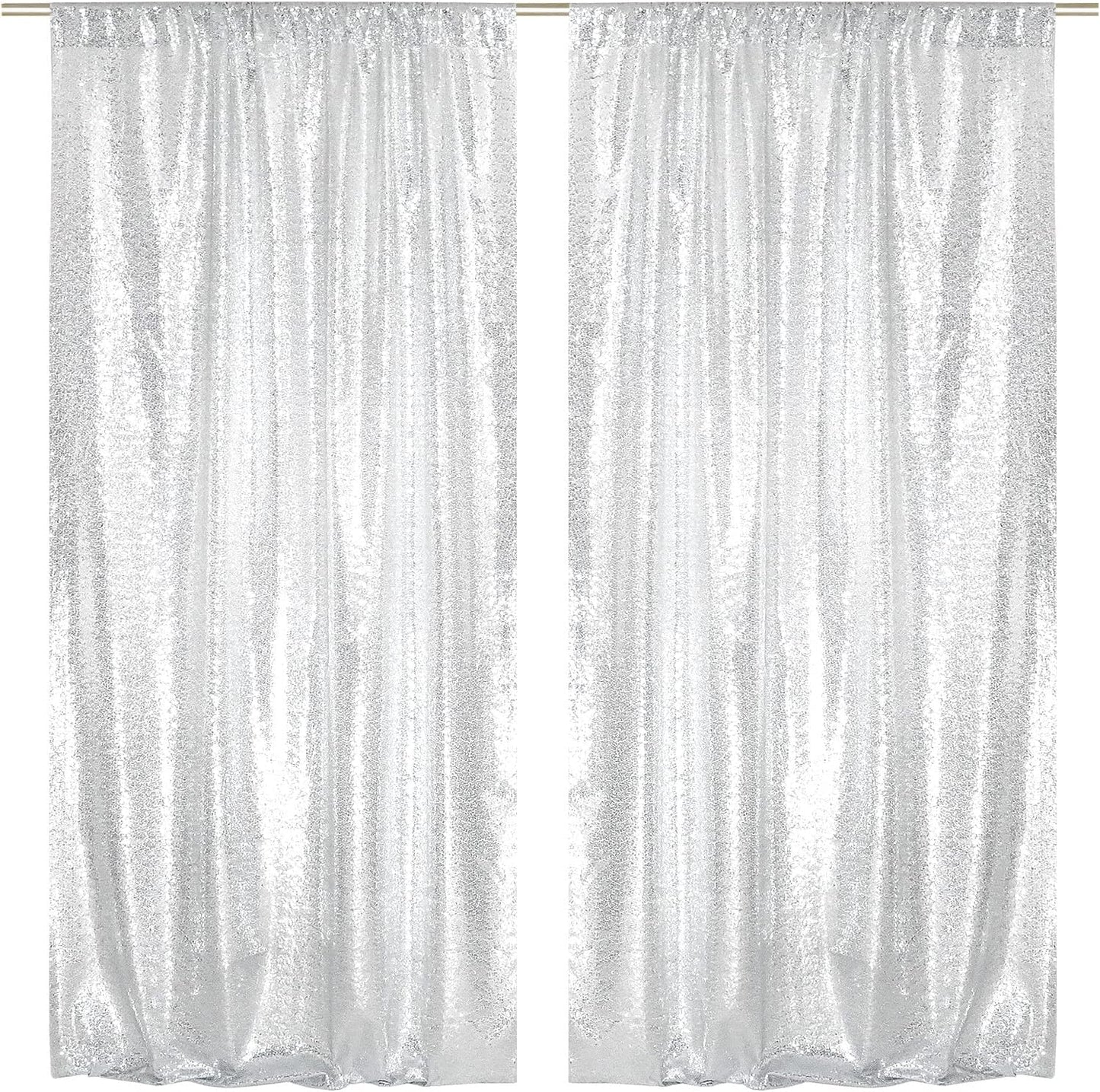 SquarePie Sequin Backdrop Curtain 8FT x 10FT Silver Satin Backing Fabric Photography Background for Wedding Patry 4FT x 10FT 2 Panels