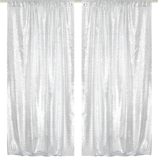 SquarePie Sequin Backdrop Curtain 8FT x 10FT Silver Satin Backing Fabric Photography Background for Wedding Patry 4FT x 10FT 2 Panels
