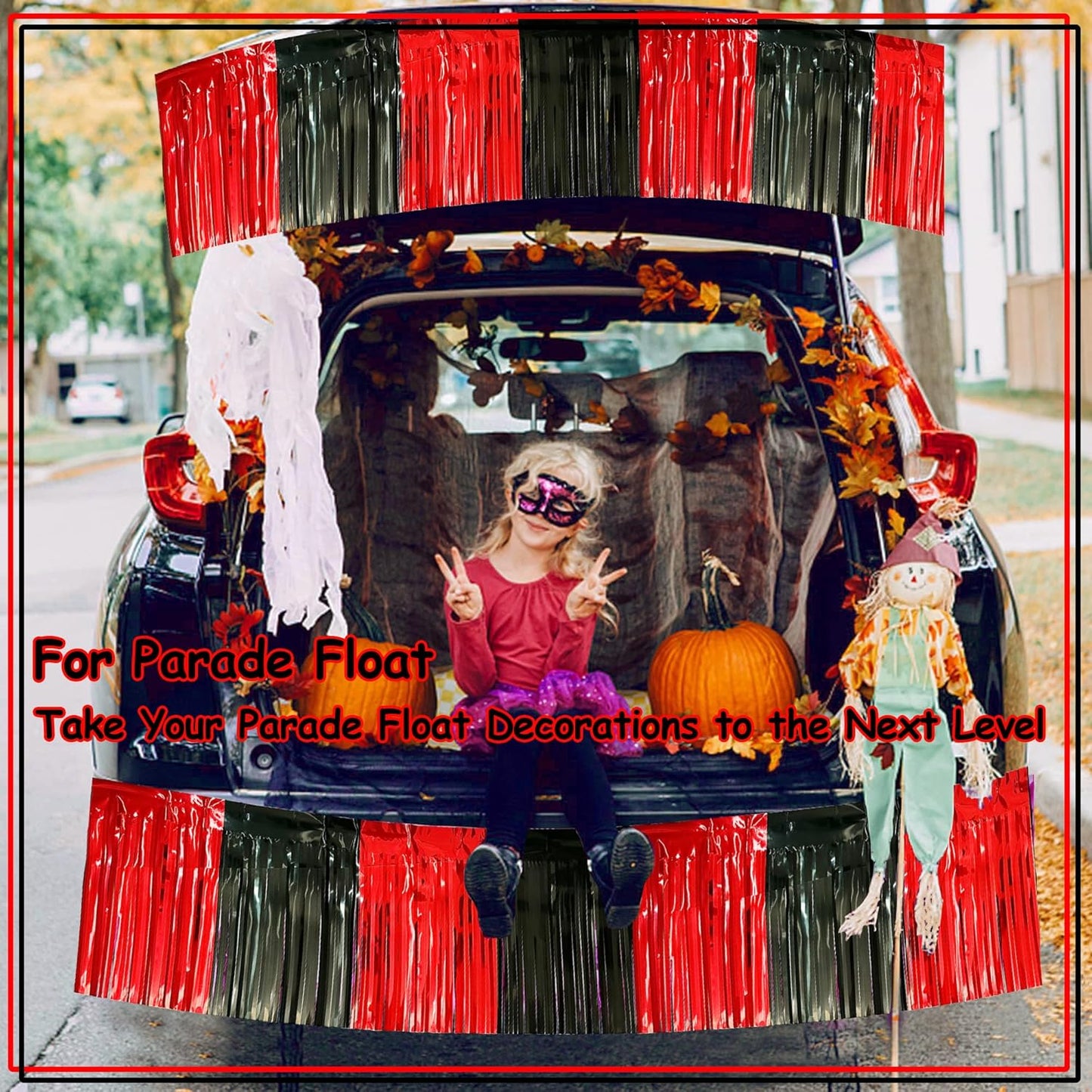 4 Pack 10 Feet Black Red Parade Floats Foil Fringe Garland Metallic Tinsel Streamers Banner Fringe Curtain Banner for Halloween Graduation Homecoming Birthday Party Decorations (Black, Red)