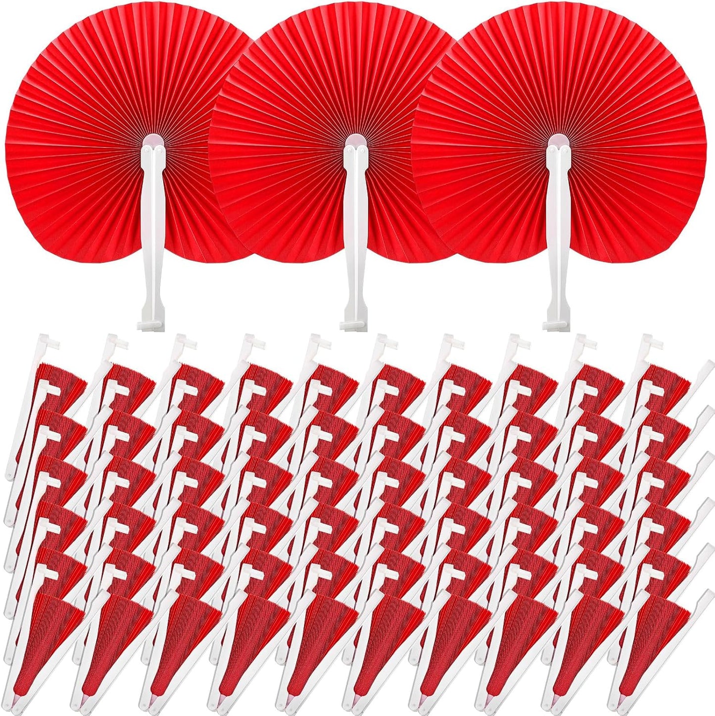 Handepo 200 Pieces Wedding Fans Folding Paper Fans Paper Fans Round Shaped Folding Fans Handheld Fan with Plastic Handle for Wedding Celebration Birthday Party Favor (Red)