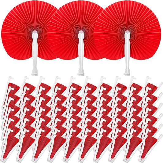 Handepo 200 Pieces Wedding Fans Folding Paper Fans Paper Fans Round Shaped Folding Fans Handheld Fan with Plastic Handle for Wedding Celebration Birthday Party Favor (Red)