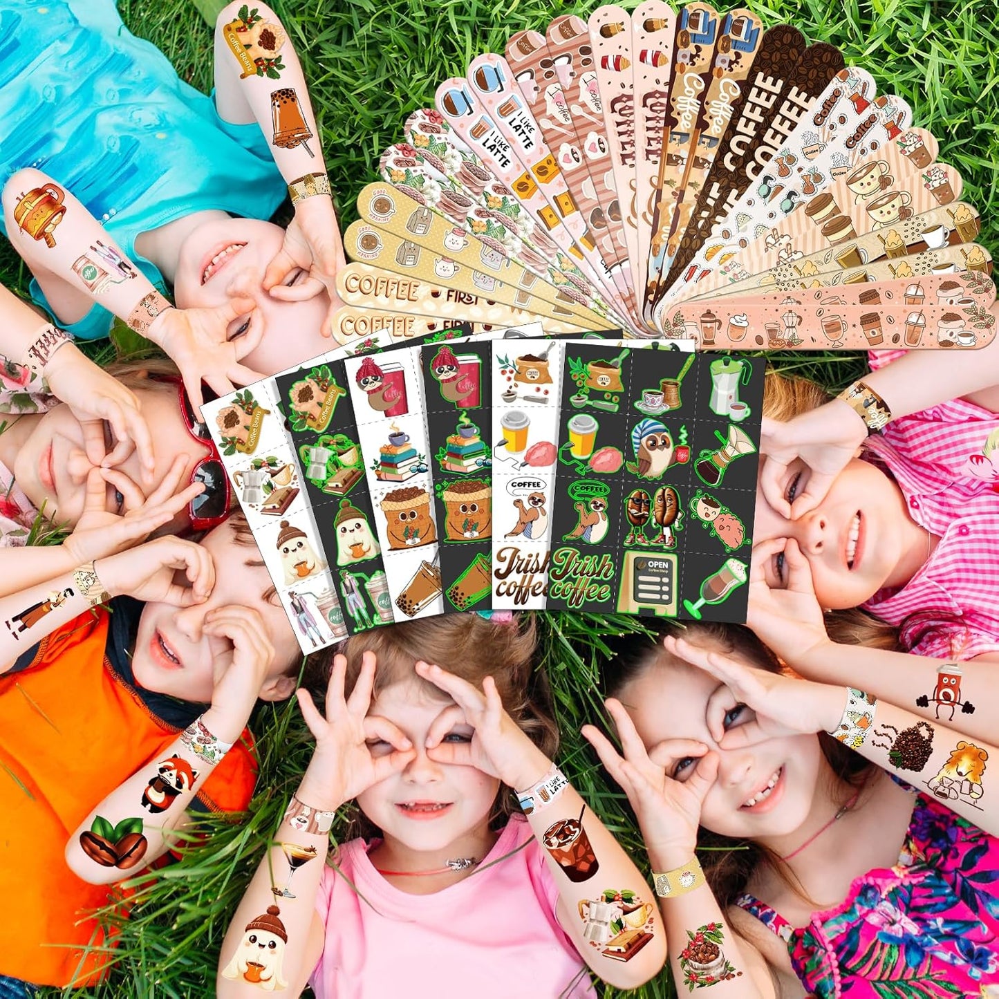 96 PCS Coffee Party Favors Set – 72 Pre-Cut Temporary Tattoos & 24 Slap Bracelets for Kids & Adults, Perfect for Coffee Lovers, Cafés, Birthday Parties & Classroom Rewards