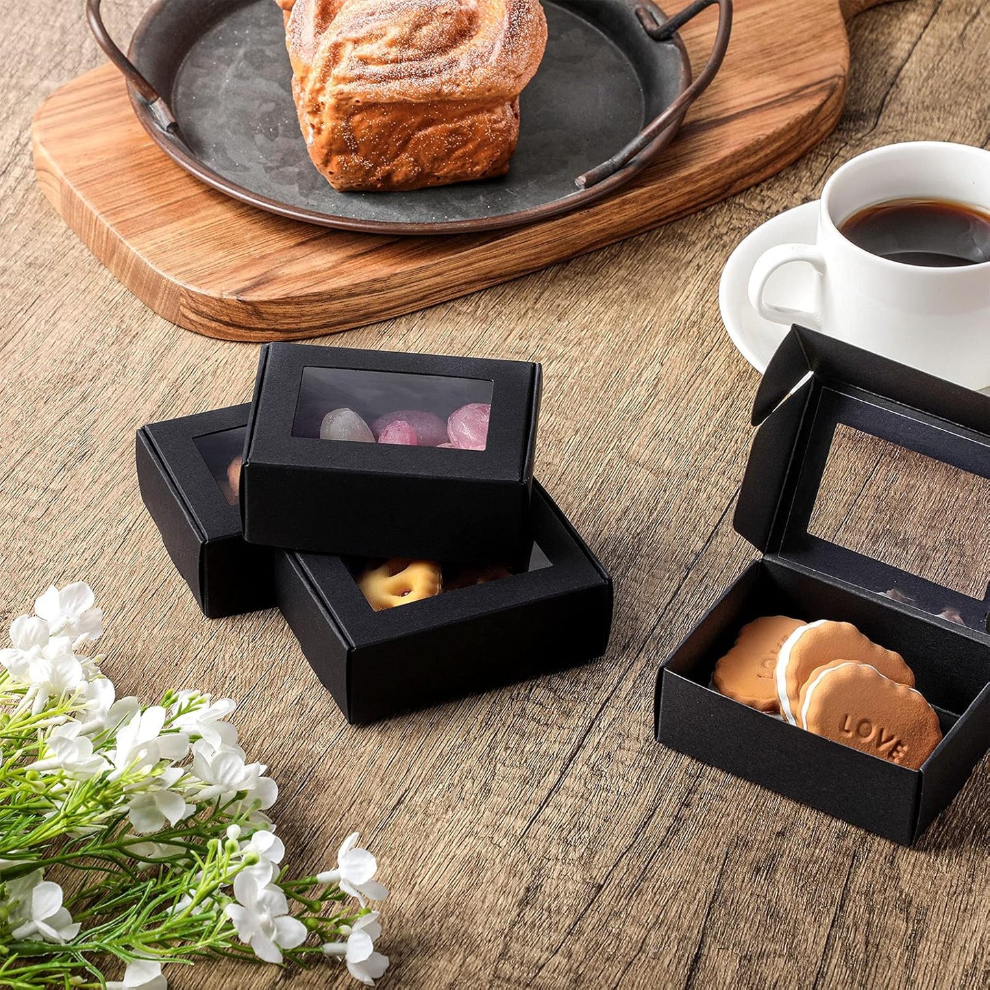 Zonon 30 Pcs Soap Boxes for Homemade Packaging, Mini Kraft Treat Boxes with Window for Bakery Candy Soap Making Gift Packaging (3.7 x 2.6 x 1.37 Inch,Black)