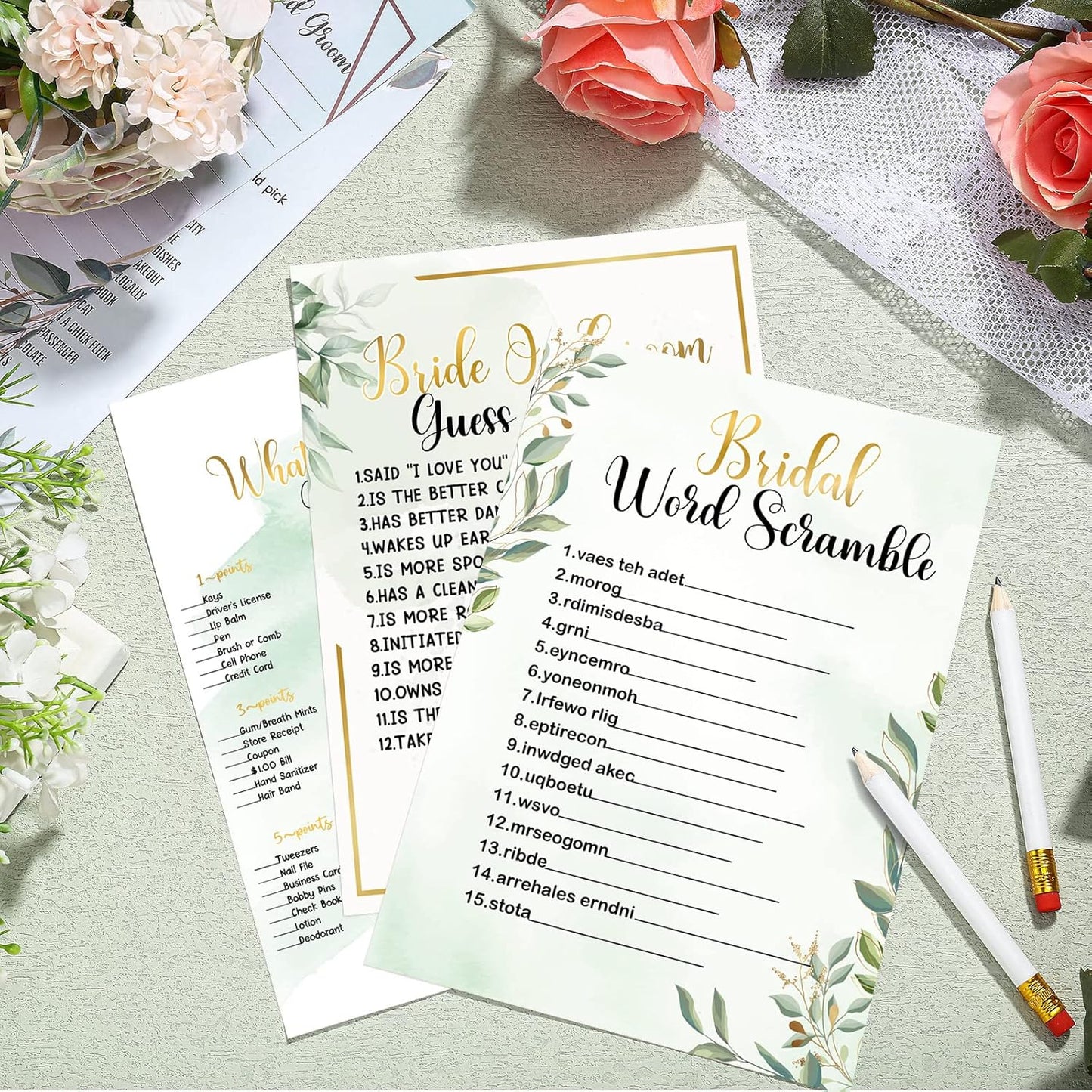 Teling 145 Pieces Bridal Shower Game Bridal Shower Favors Set Wedding Games Cards and Pencils for Bride Groom Bachelorette Party Wedding Party Favor(Eucalyptus Style)