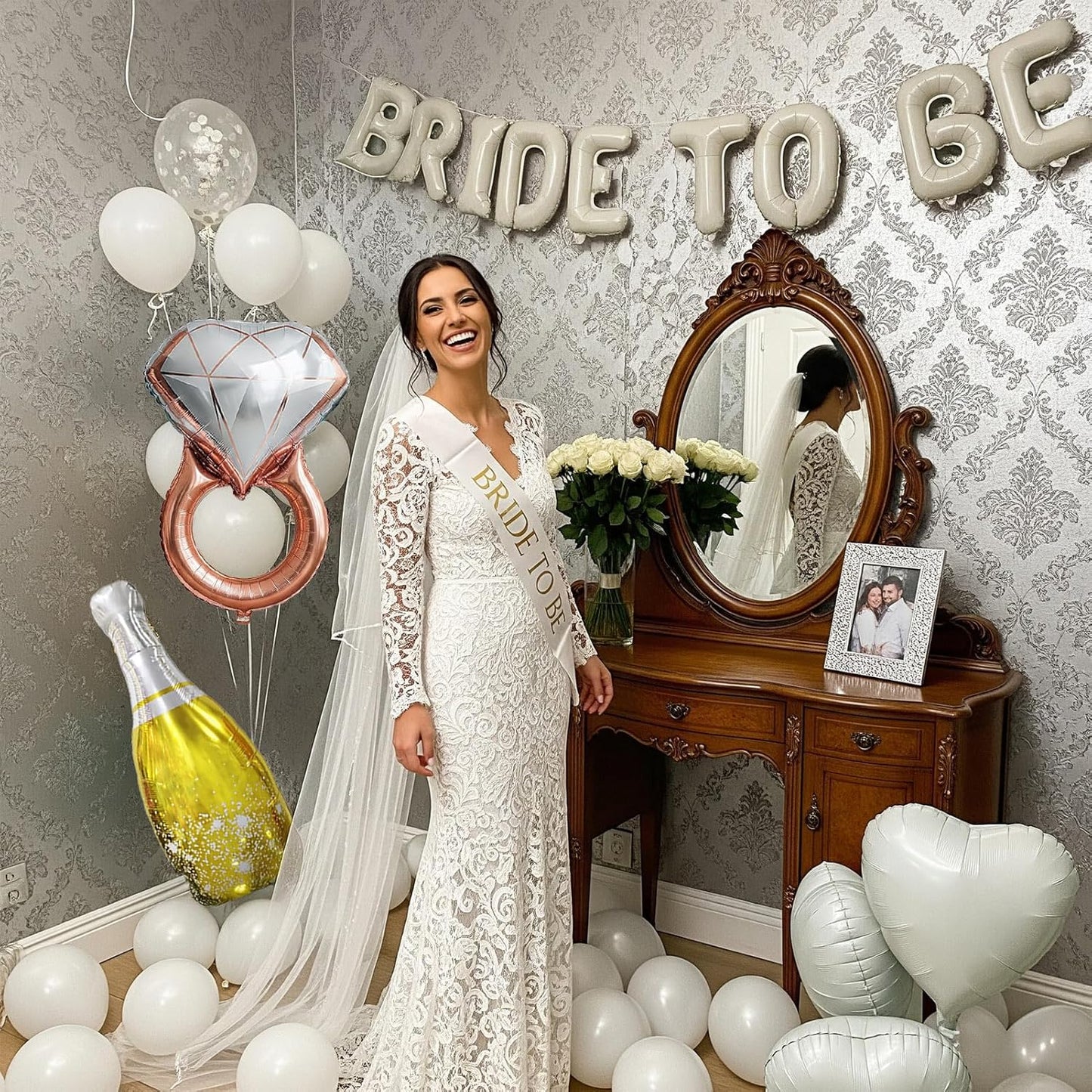 Cream White bridal shower Decorations with BRIDE TO BE letter Balloons & bridal Sash Diamond Ring Heart shape and Champagne Balloons Bridal Veil for Bachelorette Party Decor Bride To Be supplies