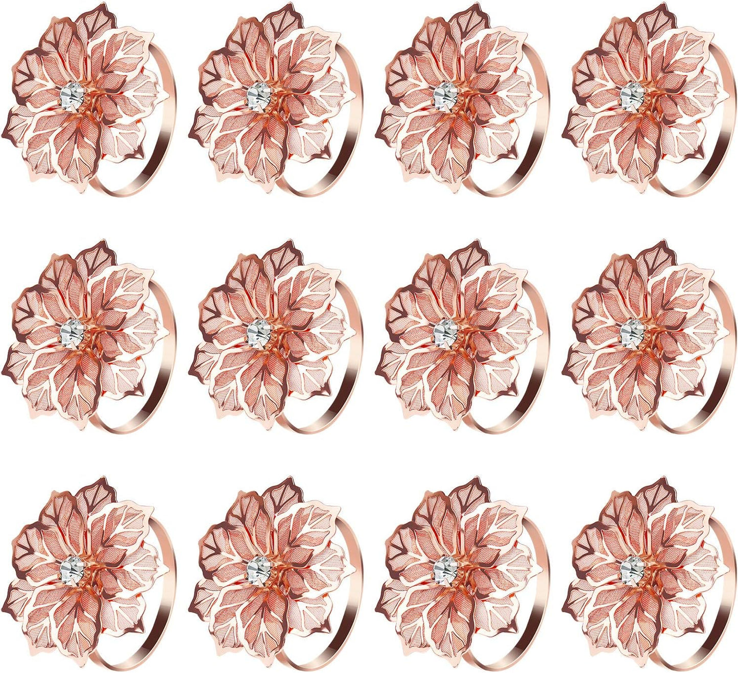 KPOSIYA Flower Napkin Rings Holder Metal Rose Gold Napkin Rings Set of 12 for Wedding Party Holiday Banquet Christmas Dinner Delicate Serviette Buckles Decor Favor (12, Rose Gold)
