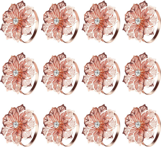 KPOSIYA Flower Napkin Rings Holder Metal Rose Gold Napkin Rings Set of 12 for Wedding Party Holiday Banquet Christmas Dinner Delicate Serviette Buckles Decor Favor (12, Rose Gold)