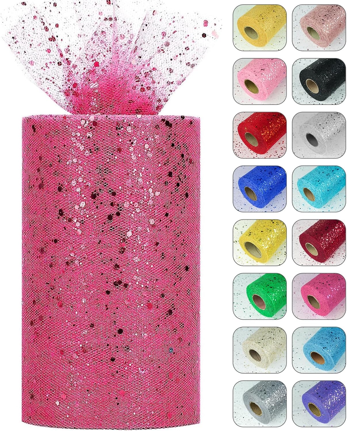 Glitter Tulle Rolls, 6” by 50 Yards (150FT) Sparkling Tulle Spool Ribbon Sequin Tulle Netting Fabric for Tutu Skirt Wedding Birthday Baby Shower (Rose Red)