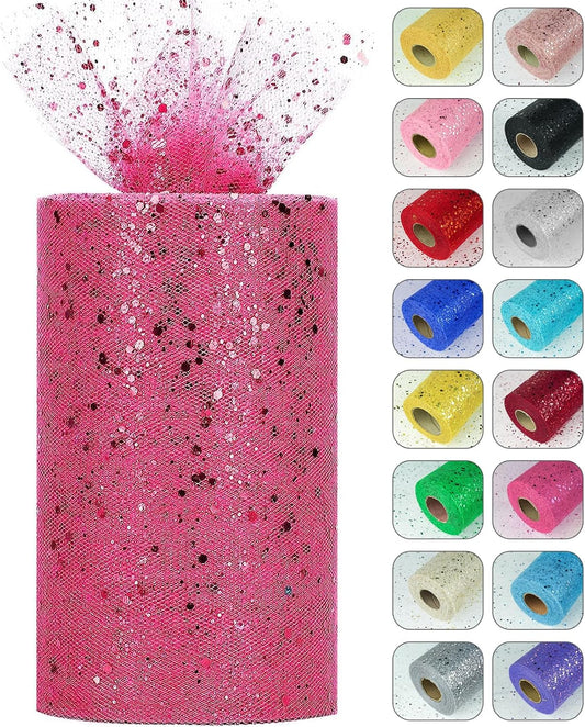 Glitter Tulle Rolls, 6” by 50 Yards (150FT) Sparkling Tulle Spool Ribbon Sequin Tulle Netting Fabric for Tutu Skirt Wedding Birthday Baby Shower (Rose Red)