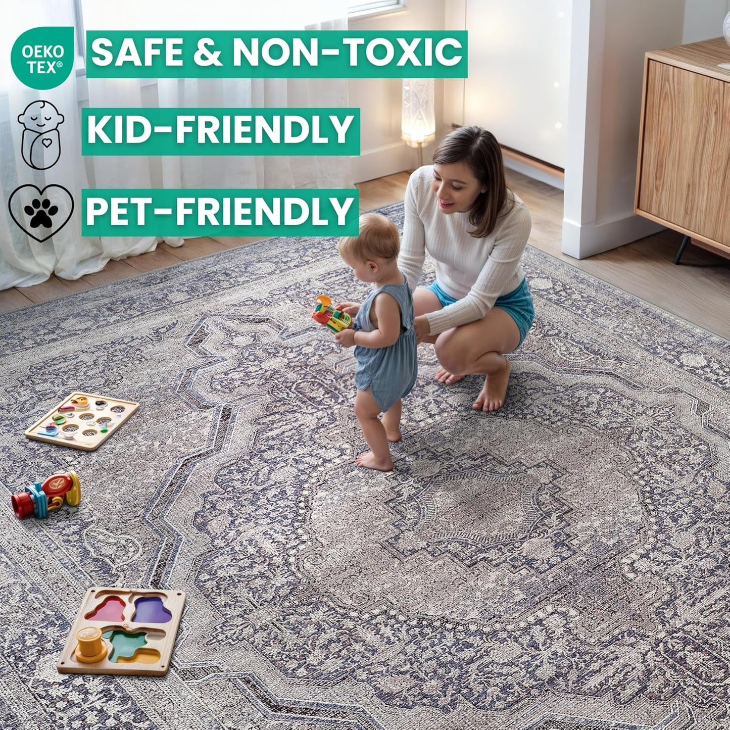 Bloom Rugs Washable Non-Slip 5' x 7' Rug - Blue/Steel Gray/Beige Traditional Medallion Area Rug for Living Room, Bedroom, Dining Room, and Kitchen - Exact Size: 5' x 7'