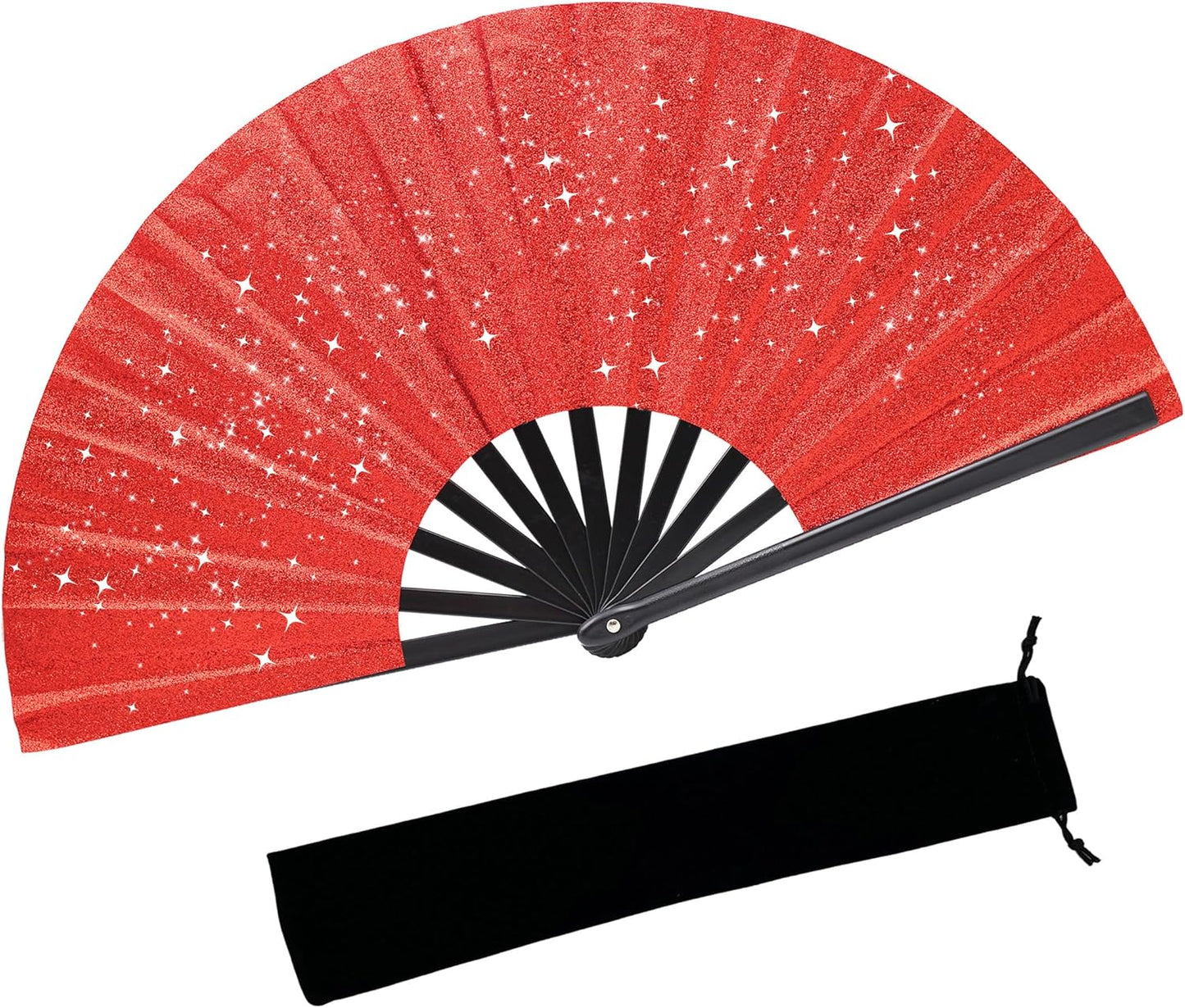 Glitter bling Large Folding Fan-Hand Fan Rave Clack Popping Fan for Line Dancing Clacking Fans for Boots On The Ground Dance, Party for EDM, Music Festival, Hot Flashes, Party, Decoration(1pcs red)