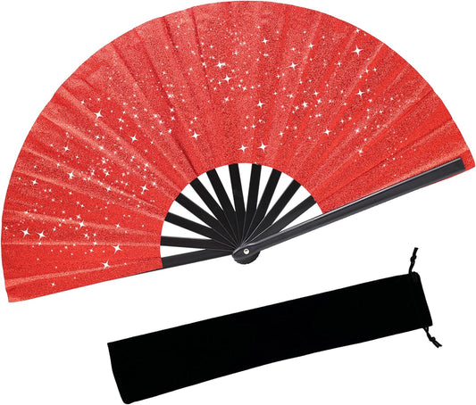 Glitter bling Large Folding Fan-Hand Fan Rave Clack Popping Fan for Line Dancing Clacking Fans for Boots On The Ground Dance, Party for EDM, Music Festival, Hot Flashes, Party, Decoration(1pcs red)