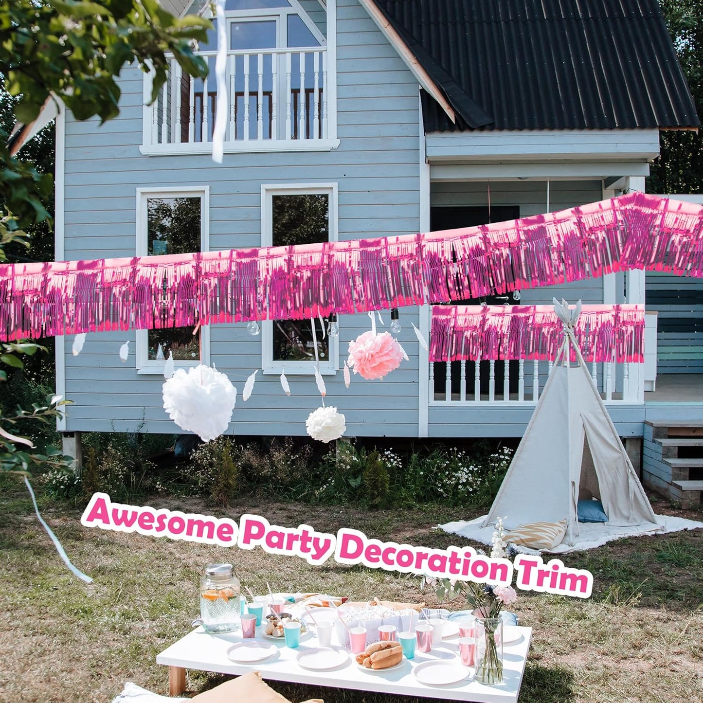 4 Pack Float Fringe Curtains, Metallic Foil Fringe Garland Shiny Tassel Foil Float Parade Float Decorations for Trailer Car Graduation Homecoming Valentine Outdoor Indoor Party (Pink)