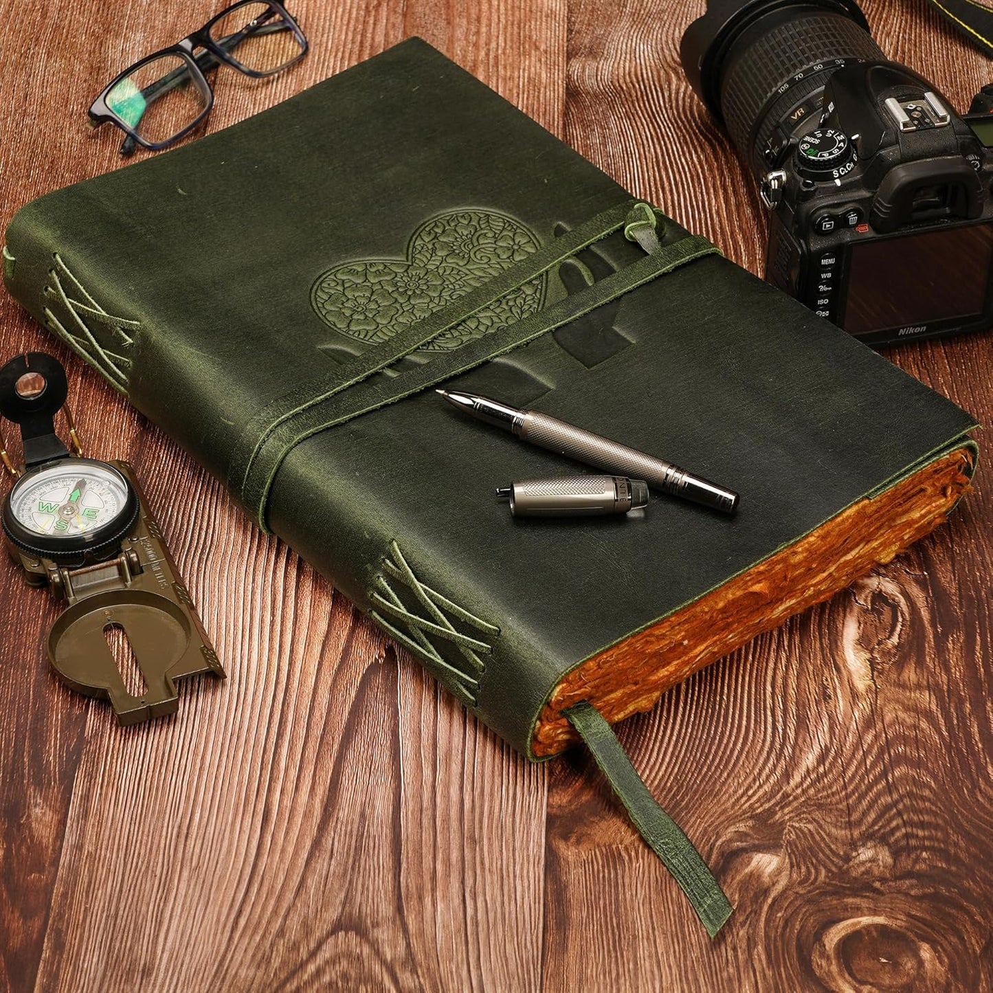 LUXEORIA Heart Journal for Women and Men, Handcrafted Leather Journal for Writing Womens, Sketchbook, Travel Diary with Unlined Deckle Paper, Dark Green 8x13