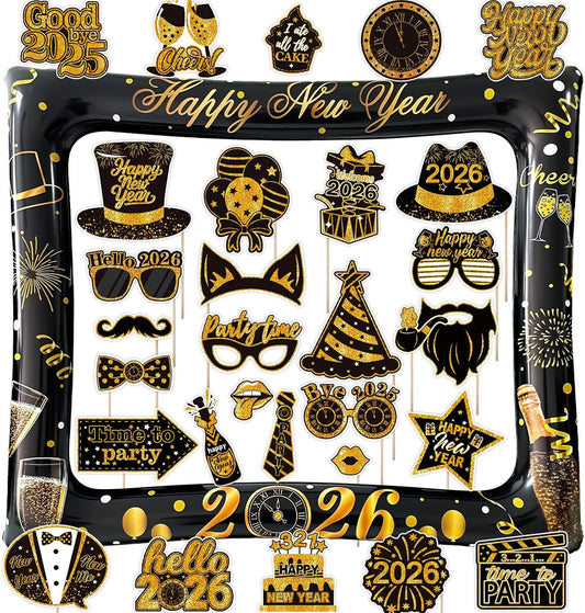 2026 New Year Photo Booth Inflatable Frame Kit, 30Pcs New Years Photo Booth Props with Inflatable Picture Frame Black Gold Decorations for New Year Eve Party Selfie Props Supplies