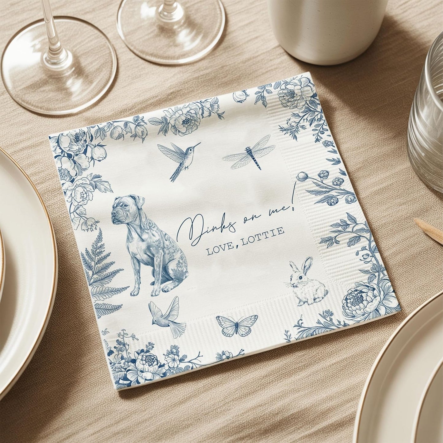 Luxury Personalized Dog Wedding Napkins, Custom Wedding Cocktail Napkins, Blue Floral Cocktail Napkin, Napkin for Pet Lovers, Anniversary, Bridal, Engagement Party, Bridal Shower