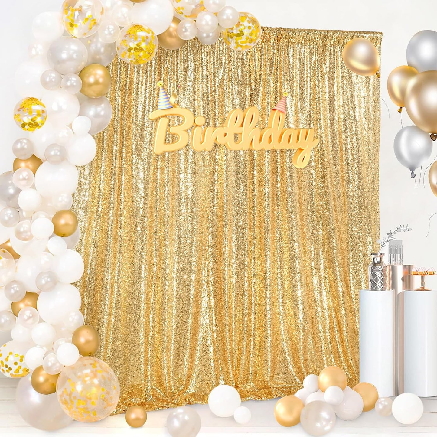 7ft x 7ft Gold Sequin Backdrop Curtain Glitter Photo Booth Backdrop for Wedding Birthday Baby Shower Event Decorations