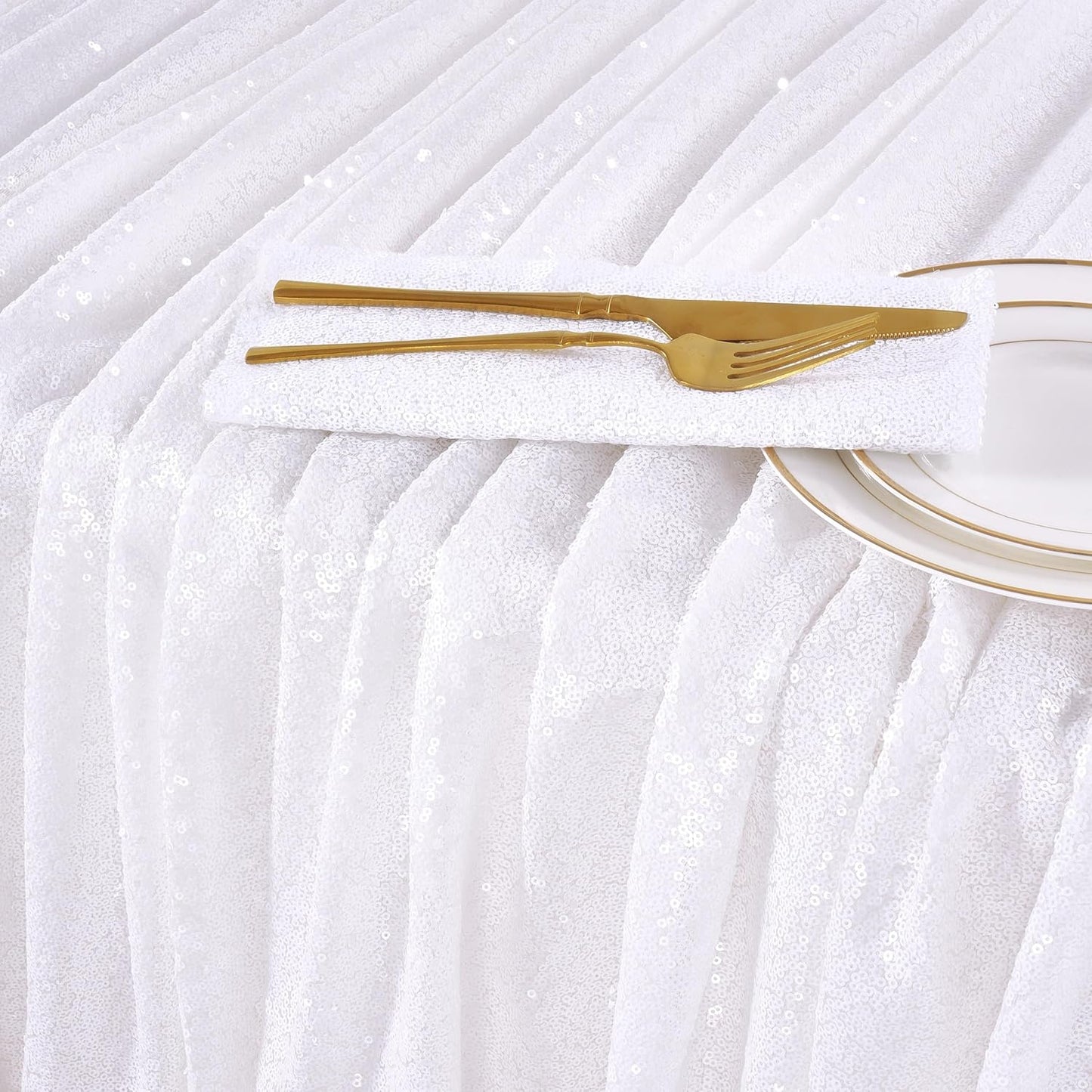 QueenDream White Wedding Tablecloth 90x90 Inch Sequin Fabric Table Cloths Rectangle Sparkle Anniversary Banquet Halls Christmas Decorations