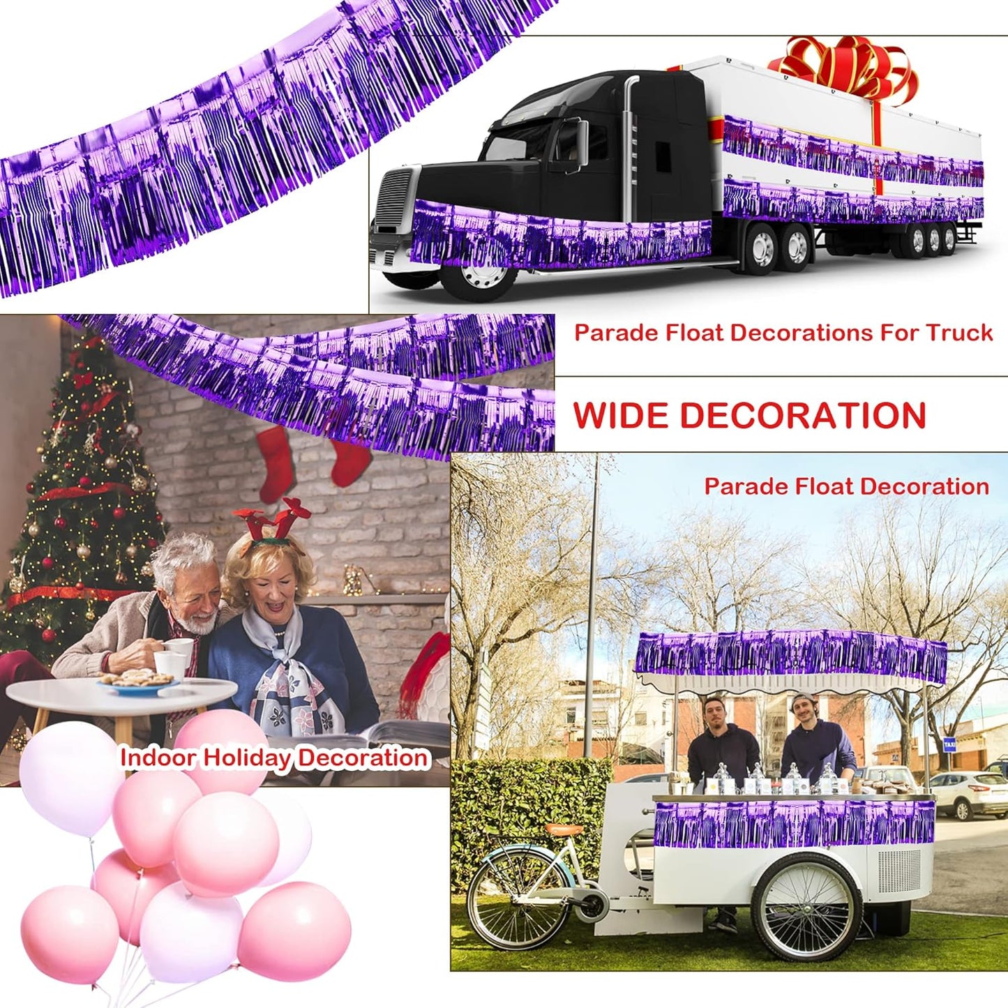 4 Pack Iridescent Fringe Float Curtain, Metallic Foil Fringe Garland Wall Hanging Drapes Tassel Foil Float for Parade Float Trailer, Birthday Holiday Outdoor/Indoor Party Decoration (Purple)