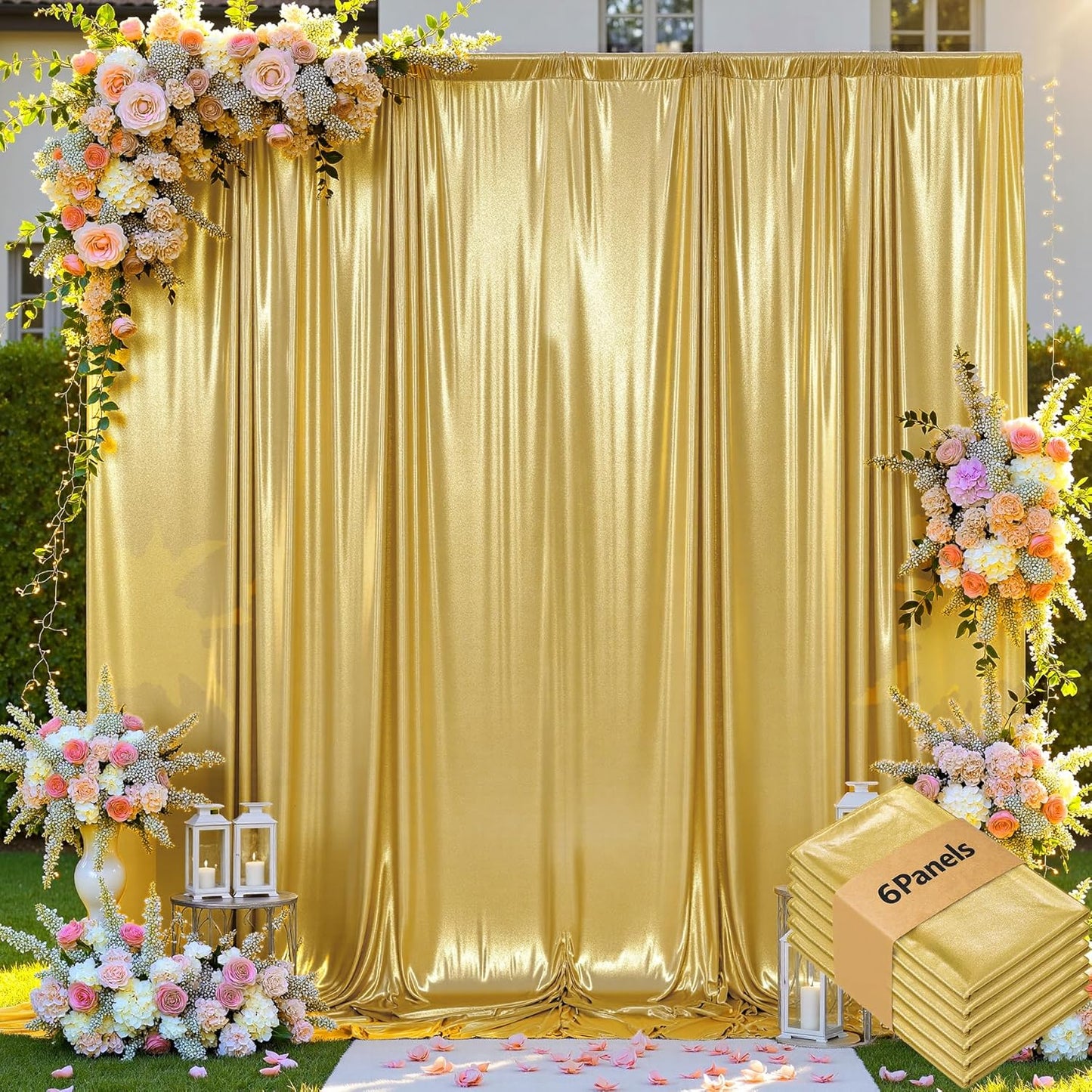 leegleri 30x10ft Thick Gold Glitter Backdrop Curtain Panels for Parties, Wrinkle Free Sparking Sequin Backdrop Drapes, 6 Panels 5x10ft Shimmer Photo Back Drop Cloth for Wedding Birthday Photography