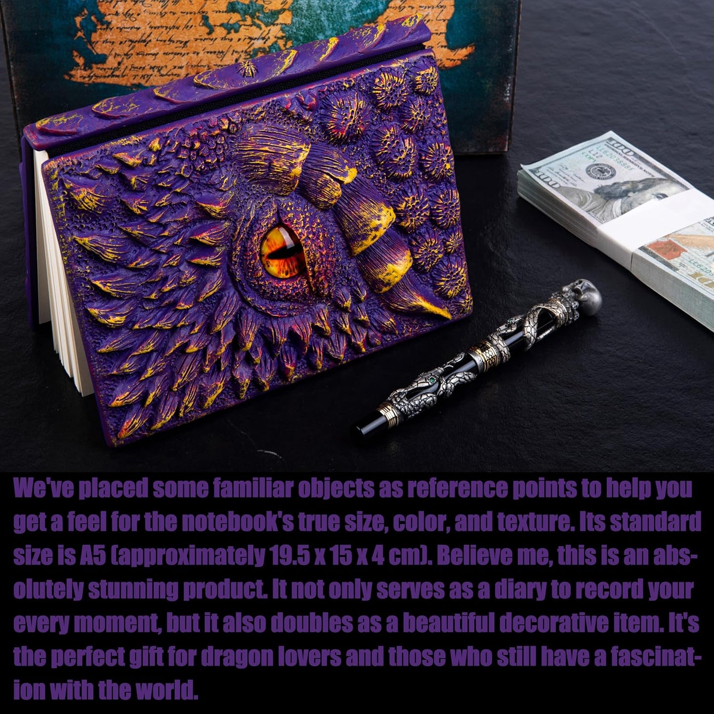 3D Dragon Eye Embossed Journal,Resin Engraving Notebook,Dnd notebook for Dragon Lovers ，Blank Paper,Hardcover Travel Notepad for Writing,Sketchbook,Collection,Gift,Decoration A4 and A5 Size (A5-Purple-Lined-Brooch)