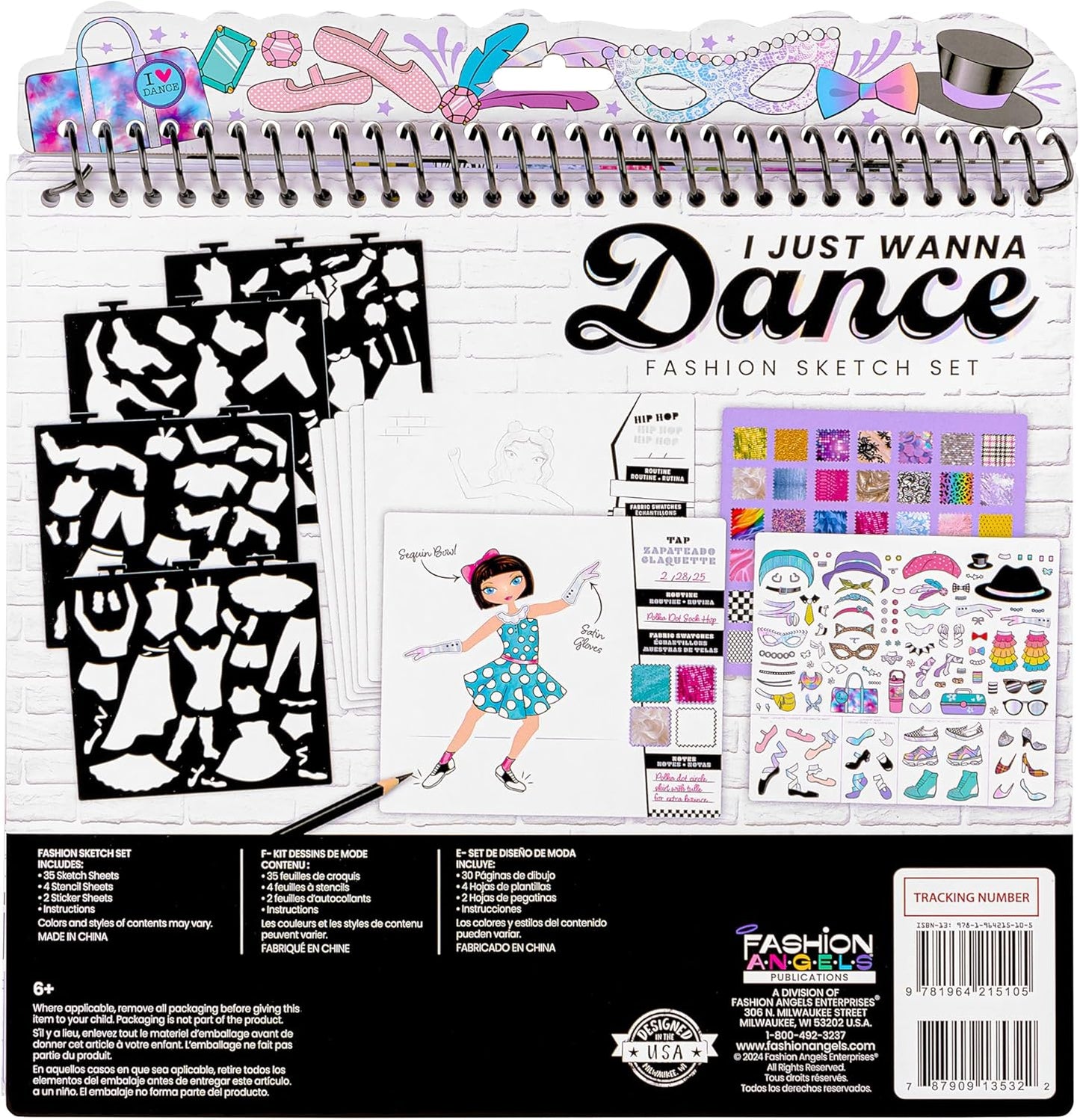 Fashion Angels I Just Wanna Dance Fashion Sketch Set, Create Dance-Themed Outfits with 35 Sketch Pages, 100+ Stickers & Stencils, Fun Craft Kit for Kids