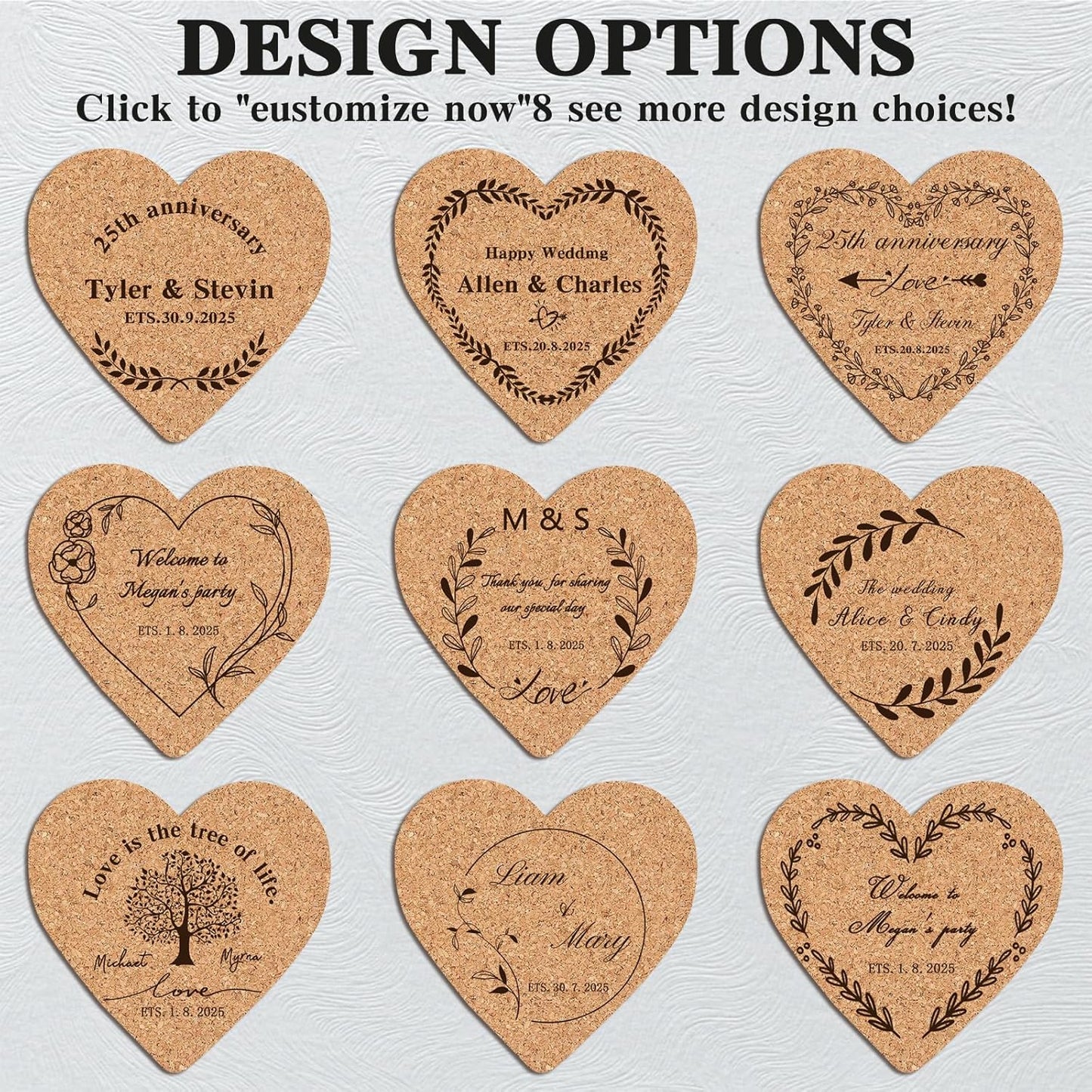 Custom Coasters Personalized Cork Coasters Bulk with Logo Wedding Personalized Cork Natural Wood Engraved Drink for Wedding Favors (Cork Coasters - Heart)
