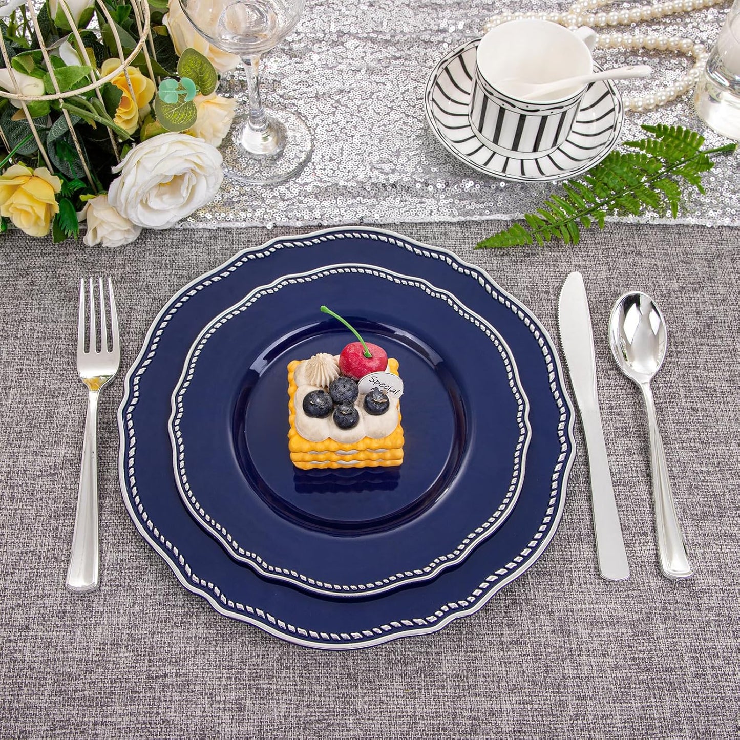 Hioasis 60pcs Blue Plastic Plates - Blue and Silver Disposable Dinnerware with Gold Rim, Heavy-duty, 7.5 inch, Dessert Plates for Party & Wedding