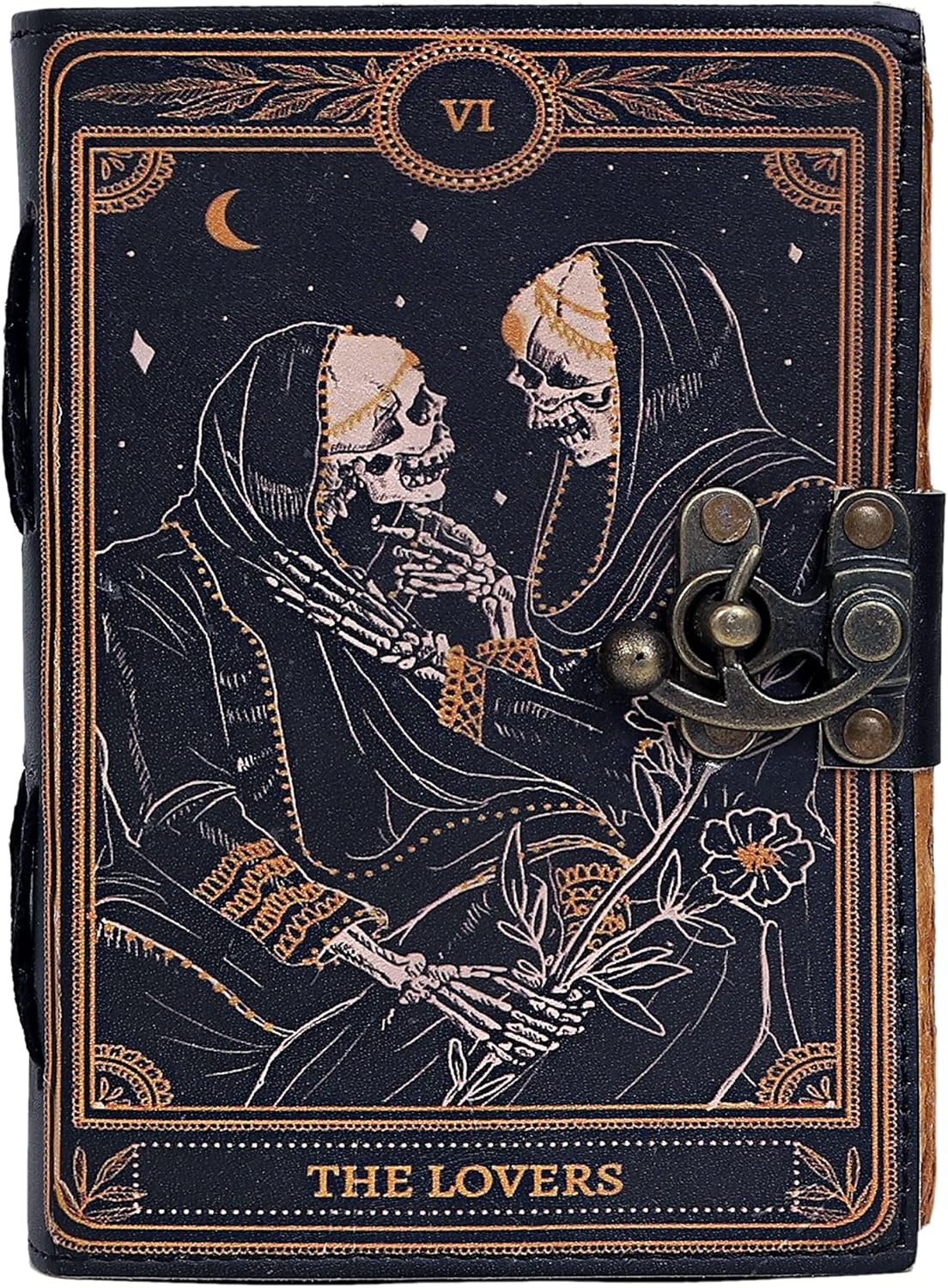 cuero Book of Spells Leather Journal Deckle Edge Paper Grimoire Printed Journal The Lovers Tarot Notebook Spiral Gothic Notebook Skull lover Antique Vintage Leather Journals for Men and Women
