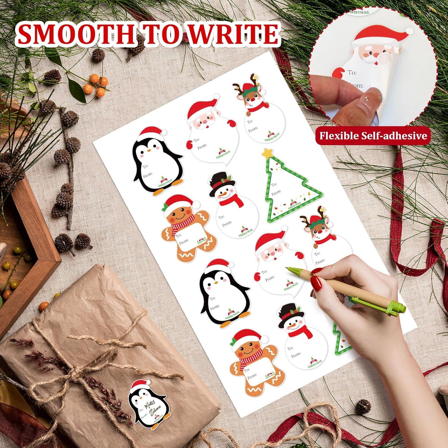 Christmas Gift Tags Stickers, 96Pcs Christmas Gift Labels Stickers, Self-Adhesive Christmas Name Tags for Xmas Gifts Wrap Presents Boxes Decoration, 2 x 3 Inch, Snowman Santa Reindeer Gift Stickers