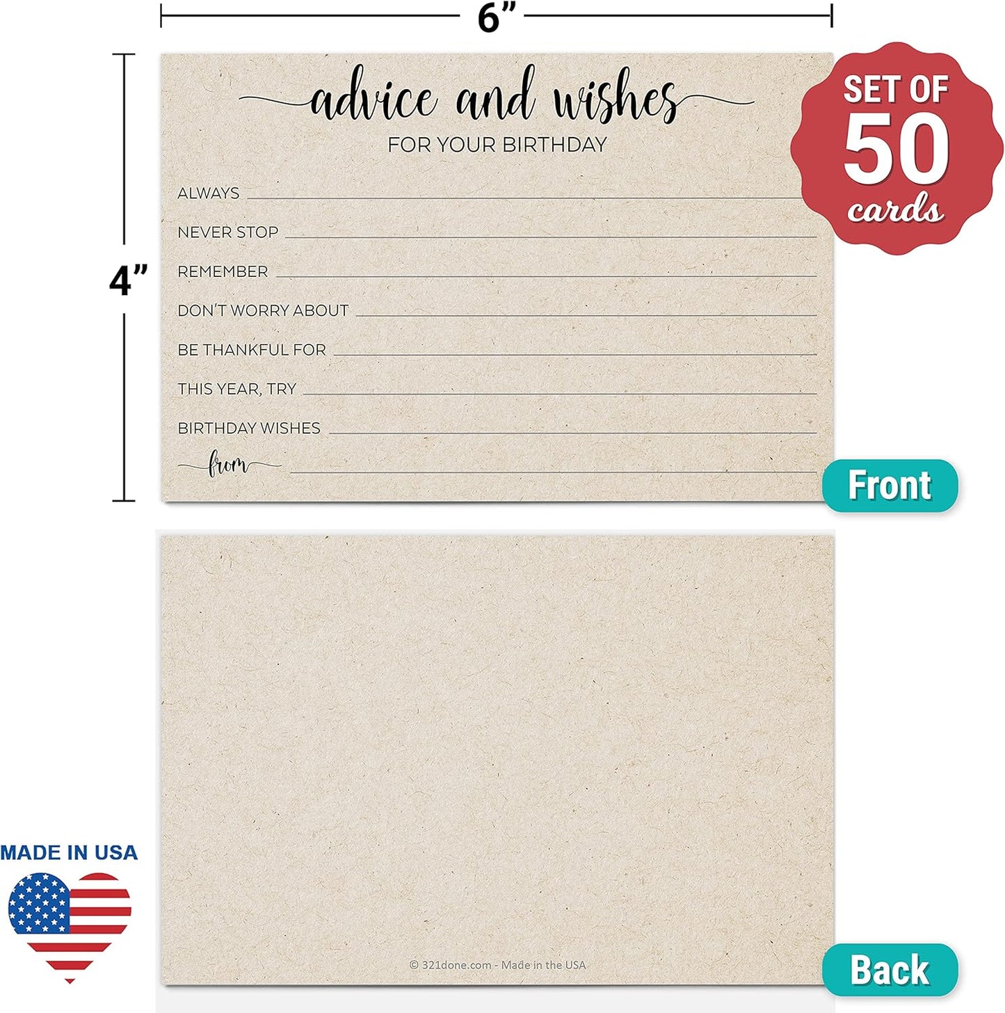 321Done Birthday Wishes and Advice Tan-Kraft (50) 4x6" Cards - Good Advice, Best Wishes, Memories Cards - Bday Party Idea Activity - Sweet 16, 30th, 40th, 50th - Fun Ad Lib Prompts - Made in USA