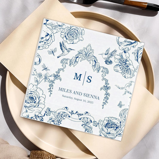 Custom Wedding Cocktail Napkins, Blue Floral Cocktail Napkins, Personalized Paper Napkin for Wedding Reception, Blue and White Flower Paper for Bridal, Engagement Party, Bridal Shower