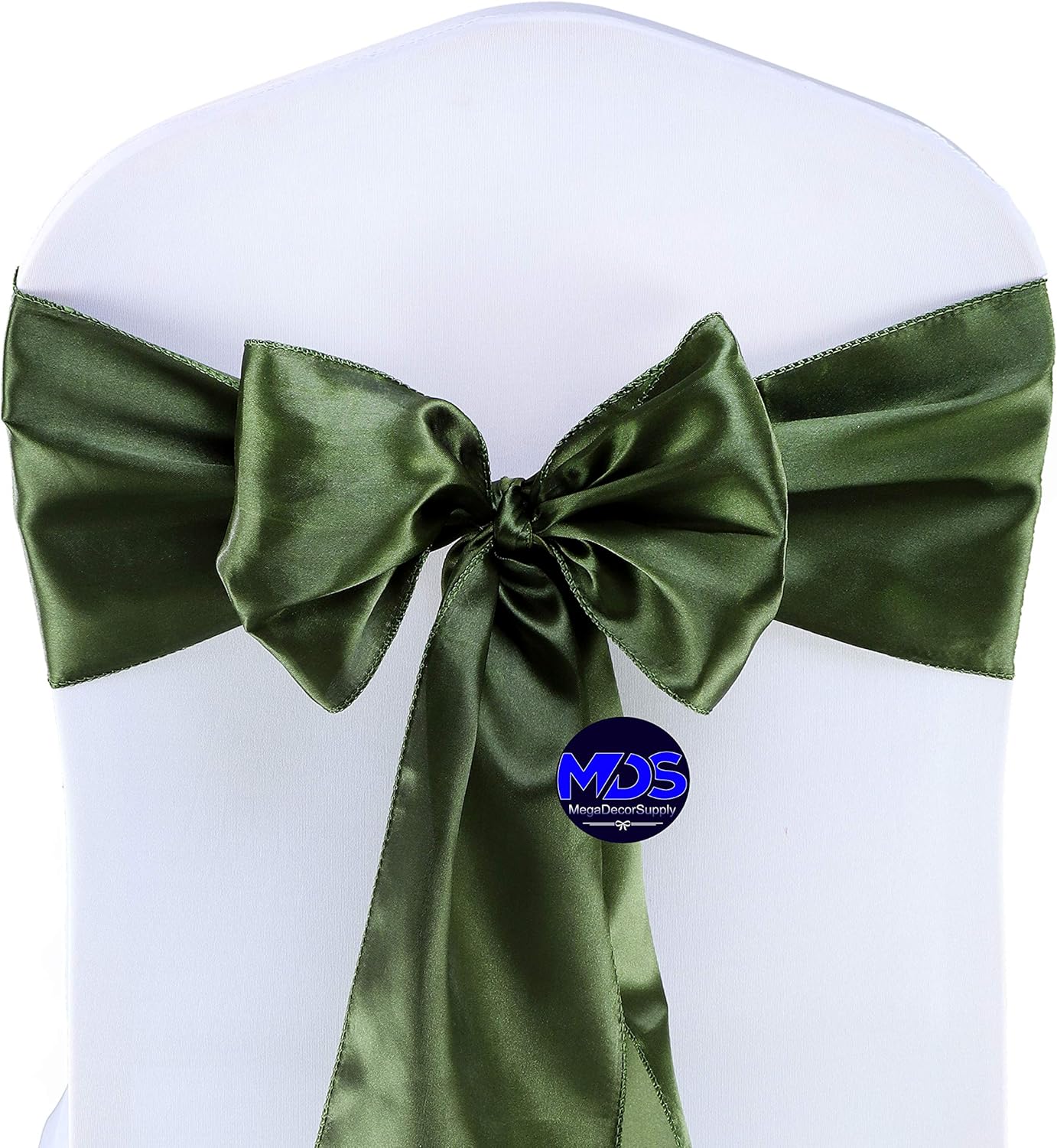 MDS Pack of 300 PCS Satin Chair Sashes Charmeuse Sateen Dining Chair Bows Ribbon Ties Back Sash for Wedding Party Birthday Home Hotel Restaurant Banquet Decoration (7 x 108 Inch, Olive Green)