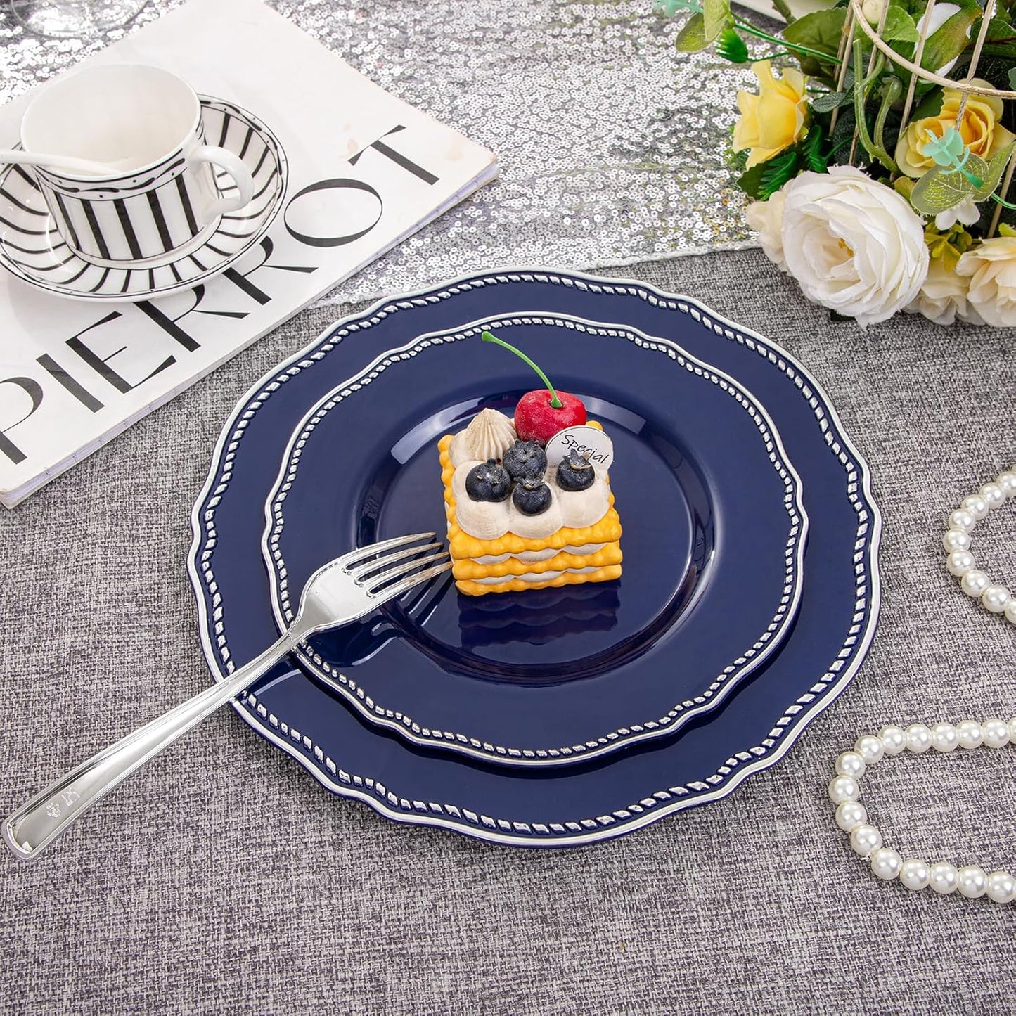 Hioasis 60pcs Blue Plastic Plates - Blue and Silver Disposable Dinnerware with Gold Rim, Heavy-duty, 10.25 inch, Dinner Plates for Party & Wedding