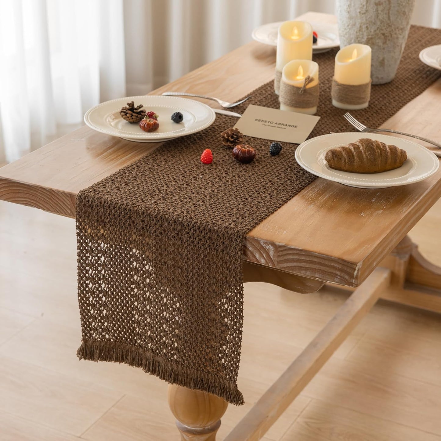 Boho Brown Table Runner for Home Decor 12x90 Inches Farmhouse Macrame Burlap Jute Rustic Dining Kitchen Centerpiece Bohemian Decor French Country Baby Bridal Shower Decorations