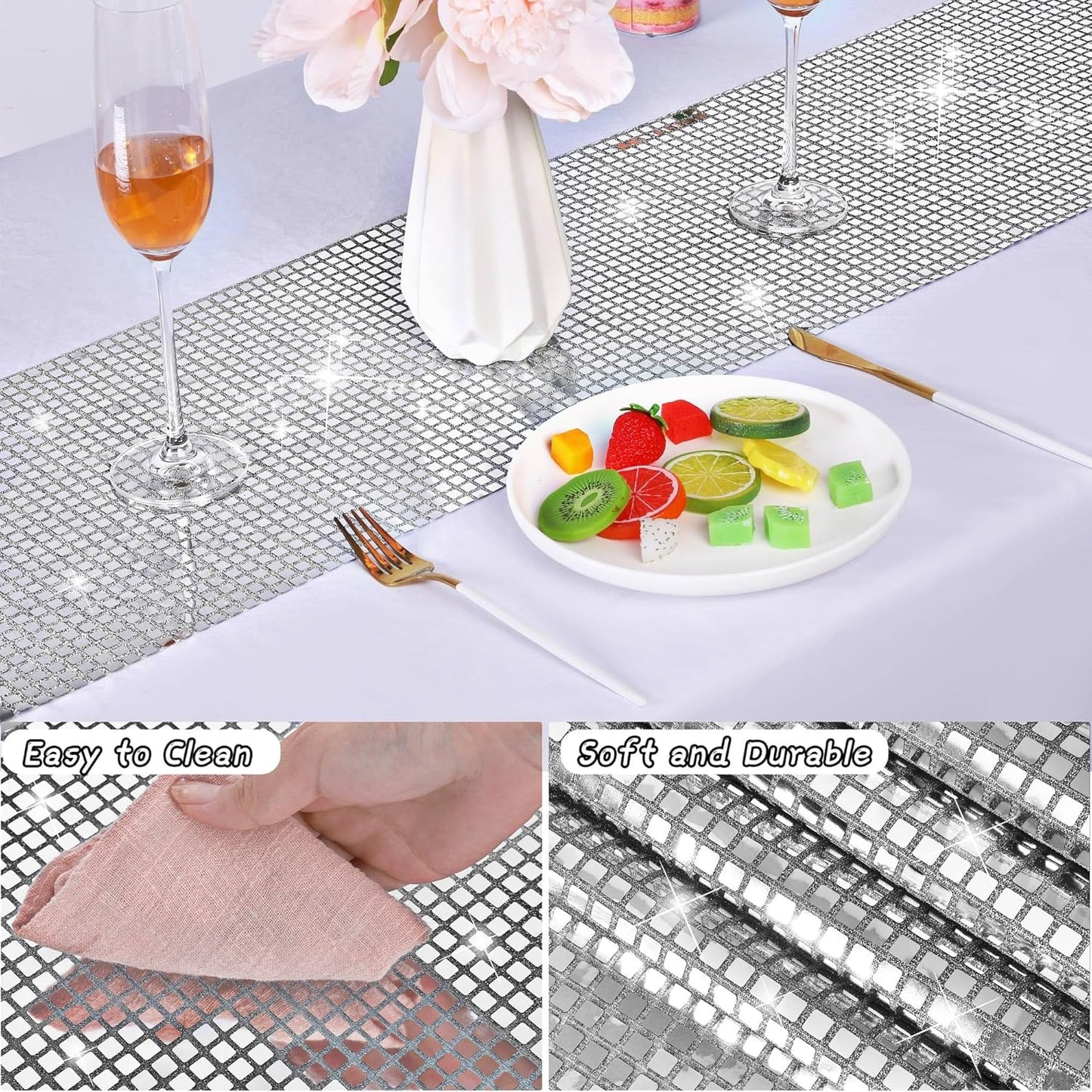 durony 2 Pack Disco Party Table Runner 11 x 108 Inch Mirror Silver Glitter Foil with Sparkle Sequin Table Runner for 70s Bachelorette Parties Disco Cowgirl Party Decorations