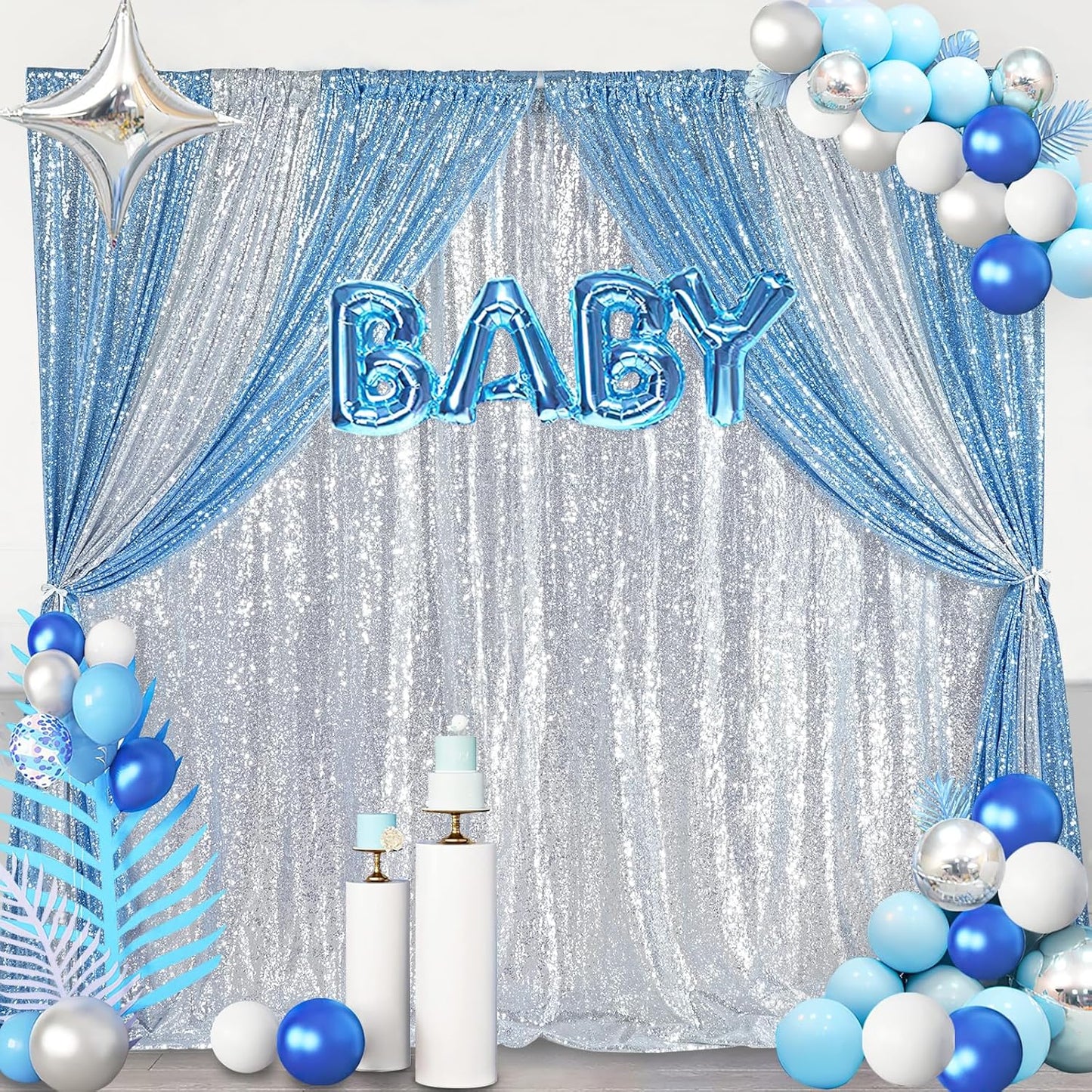8ft x 8ft Silver Sequin Backdrop Curtain Glitter Photo Booth Backdrop for Wedding Birthday Baby Shower Event Decorations
