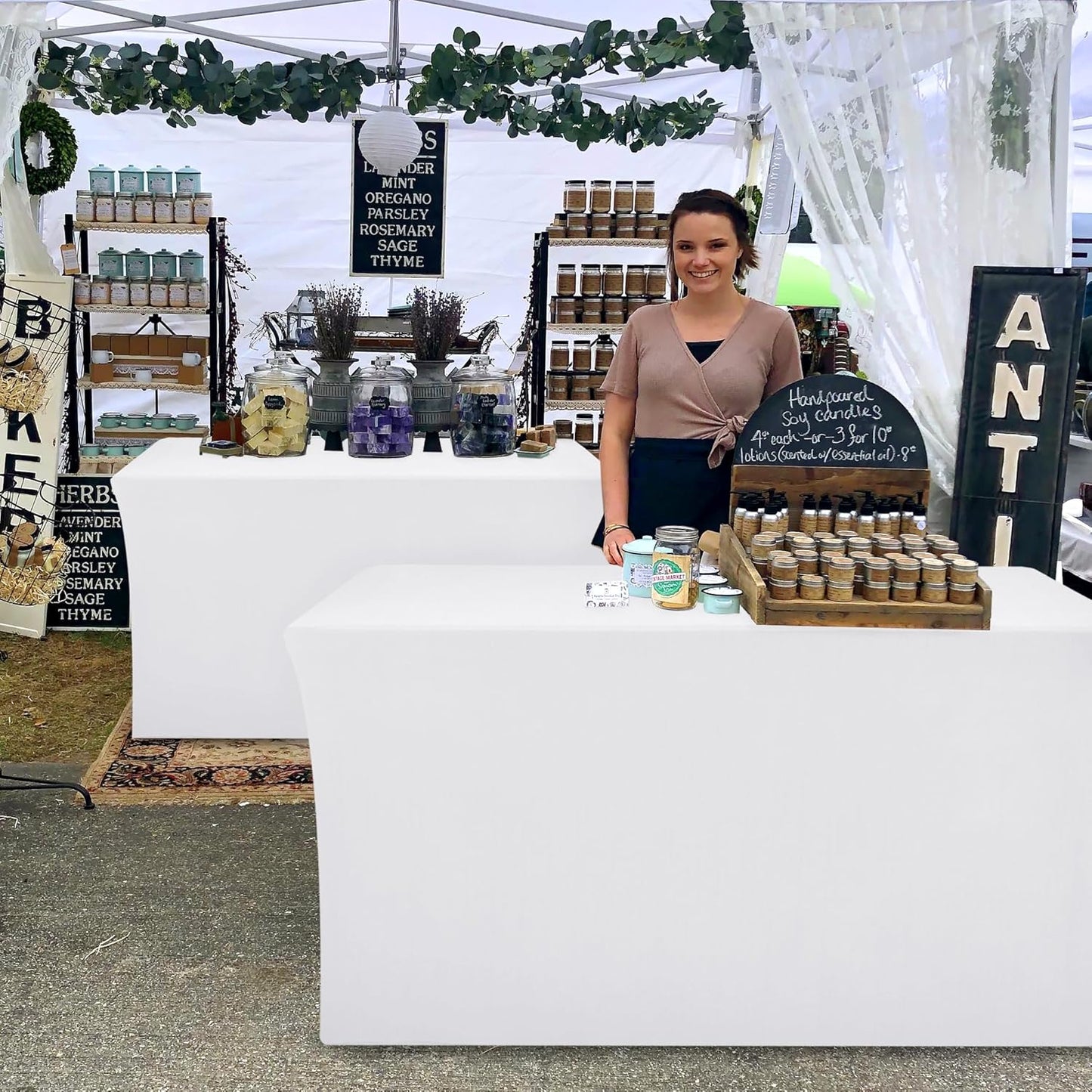 Nasitos Spandex Fitted Table Covers for 8 Foot Tables - 96 x 30 Inch - 2 Pack White Stretch Table Clothes, Fabric Rectangle Tablecloths for Parties, Trade Show, Craft Show, Birthday