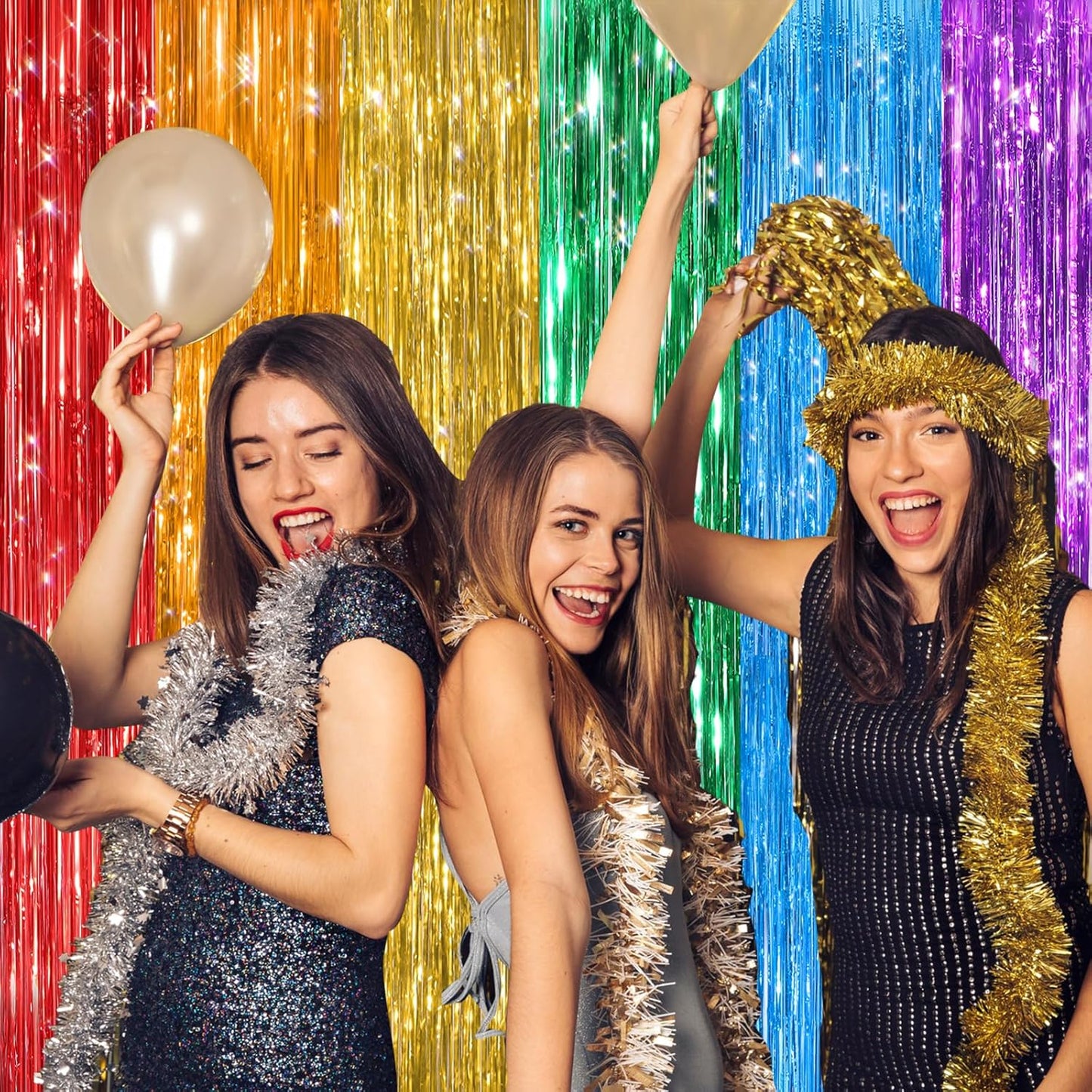 2Pack Rainbow Foil Fringe Curtains Backdrop Decorations, Rainbow Metallic Tinsel Foil Streamers Curtain Photo Booth Background for Birthday Wedding Engagement Bridal Shower Unicorn Party Decorations