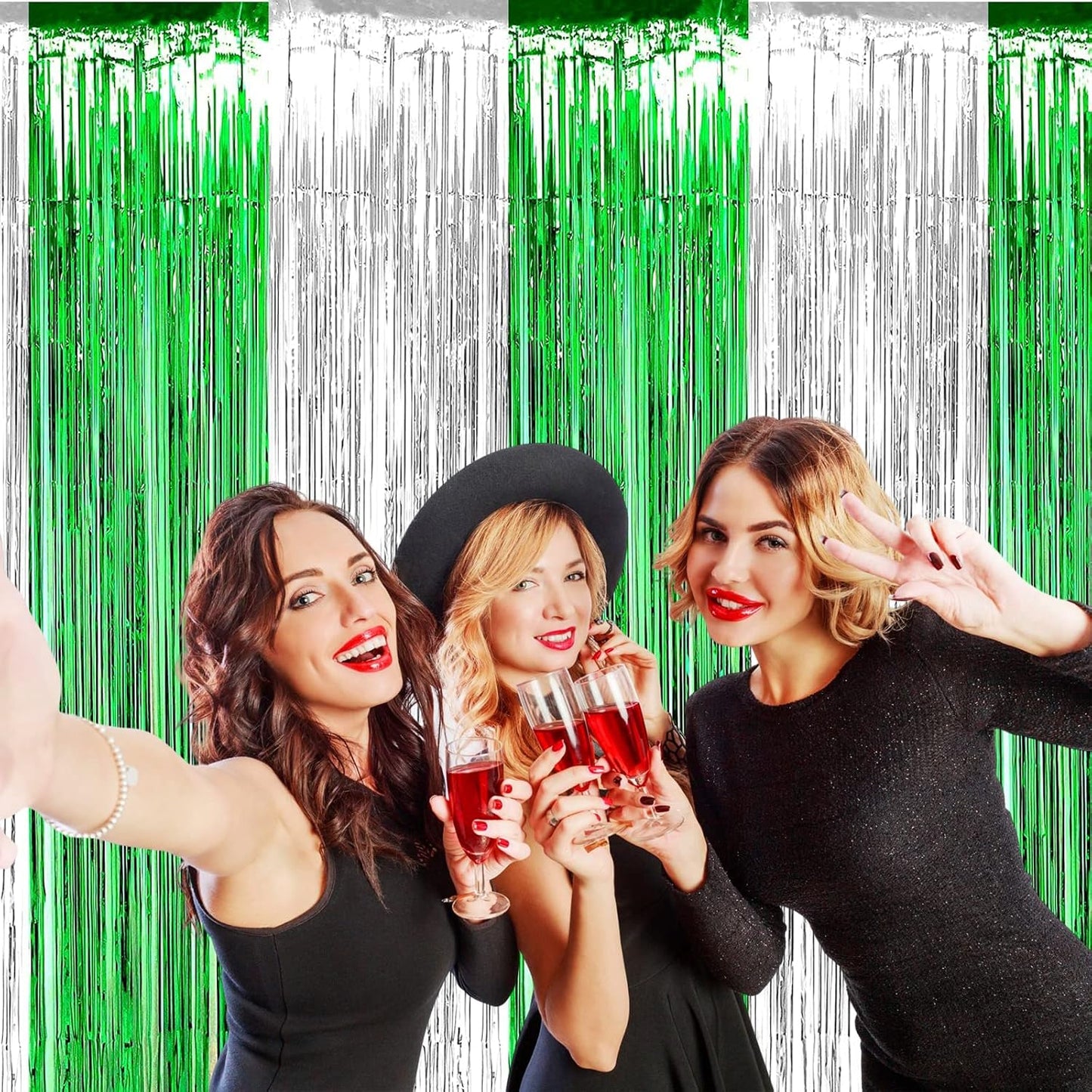 4 Pack Foil Fringe Curtain Backdrop, 3.28Ft x 8.2Ft Metallic Tinsel Foil Fringe Streamers Curtain for Photo Booth, Wedding, Mardi Gras Birthday Carnival St Patrick Day Party Decoration (Silver Green)