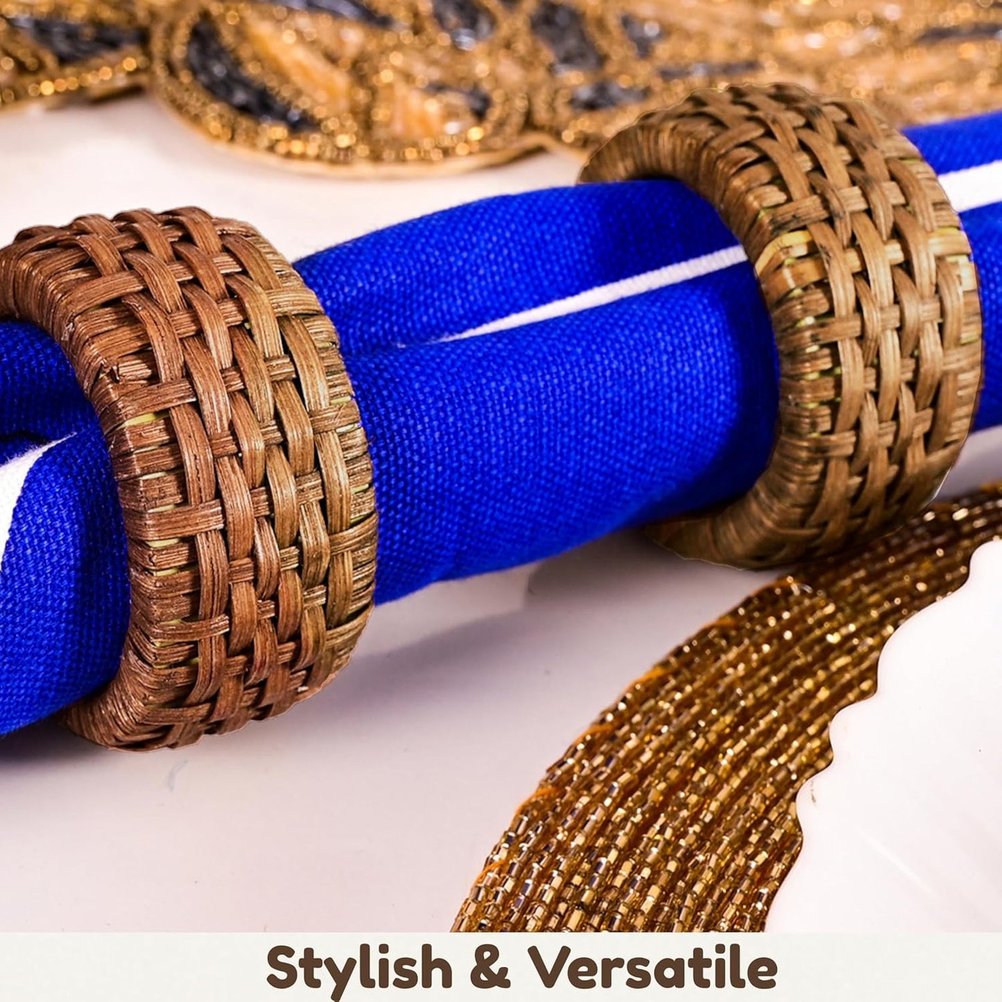 Decorative Cane Napkin Rings Set of 12 - Hand Woven Napkin Holders for Farmhouse, Rustic, Holiday, Wedding, Easter, Thanksgiving, Xmas, Boho & Fall Table Décor (Walnut) - CLEENTABLE