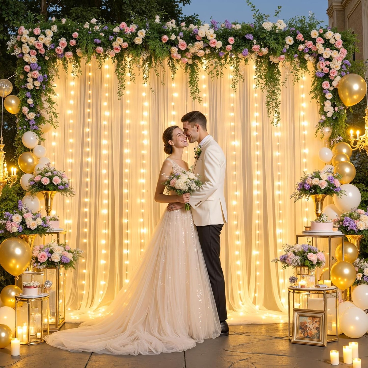 Champagne Tulle Backdrop Curtain with Lights String for Parites Wedding 10x8ft Champagne Sheer Backdrop Curtains for Bridal Shower Baby Shower Birthday Party Photo Booth Background Decorations